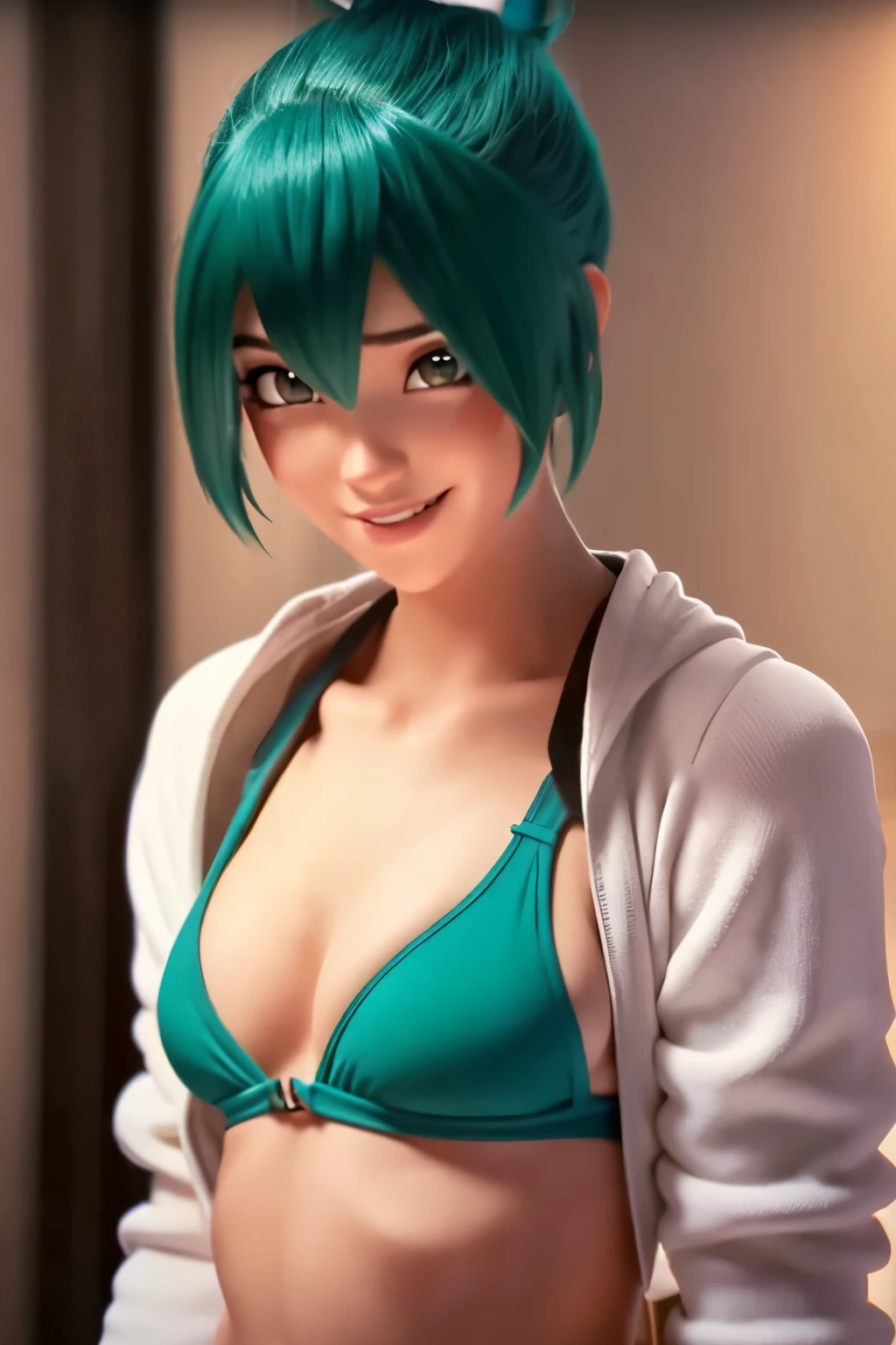 ambiguous background, aqua eyes, aqua hair, bangs, bikini, bikini under clothes, black bikini, black swimsuit, blue eyes, blue hair, bow, breasts, cameltoe, clothes lift, clothing, datquil, eyelashes, eyeliner, eyeshadow, feet out of frame, female, female only, female pubic hair, green eyes, green hair, groin hair between eyes, hair ornament, hairbow, highleg, highleg bikini, highleg swimsuit, hoodie, hoodie lift, indoors, lifted by self, light skin, light-skinned, light-skinned female, long hair, long sleeves, looking at viewer, makeup, medium breasts, micro bikini, navel, no pants, pink lips, ponytail, presenting, presenting self, pubic hair, pubic hair peek, shirt, shirt lift, side-tie bikini, skinny, sleeves past wrists, slender waist, small breasts, smile, solo, standing, stomach, sweater, sweater lift, swimsuit, swimsuit under clothes, thick thighs, thighs, tied hair, underboob, white hoodie