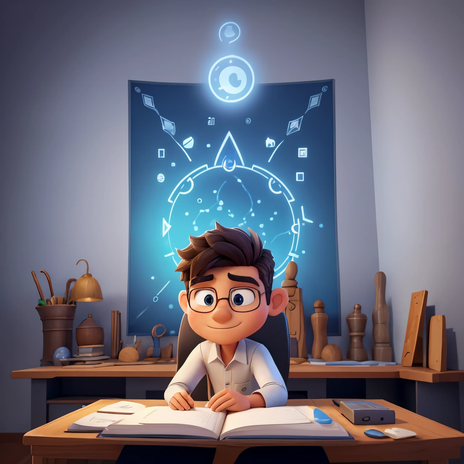 Create a captivating 3D illustration of an animated character in relaxed pose atop the "Arkas" app logo. Dressed in traditional Indonesian attire, the character dons a white shirt, gray trousers, and a navy blue vest. Nestled behind, the backdrop of the page unfurls a vivid image of a meticulously crafted school financial report. The character's expressions radiate a sense of comfort and satisfaction as they engage with the app, simulating an atmosphere of financial literacy and organization. The "Arkas" logo, gleaming in high definition, serves as a beacon of digital proficiency and efficiency.