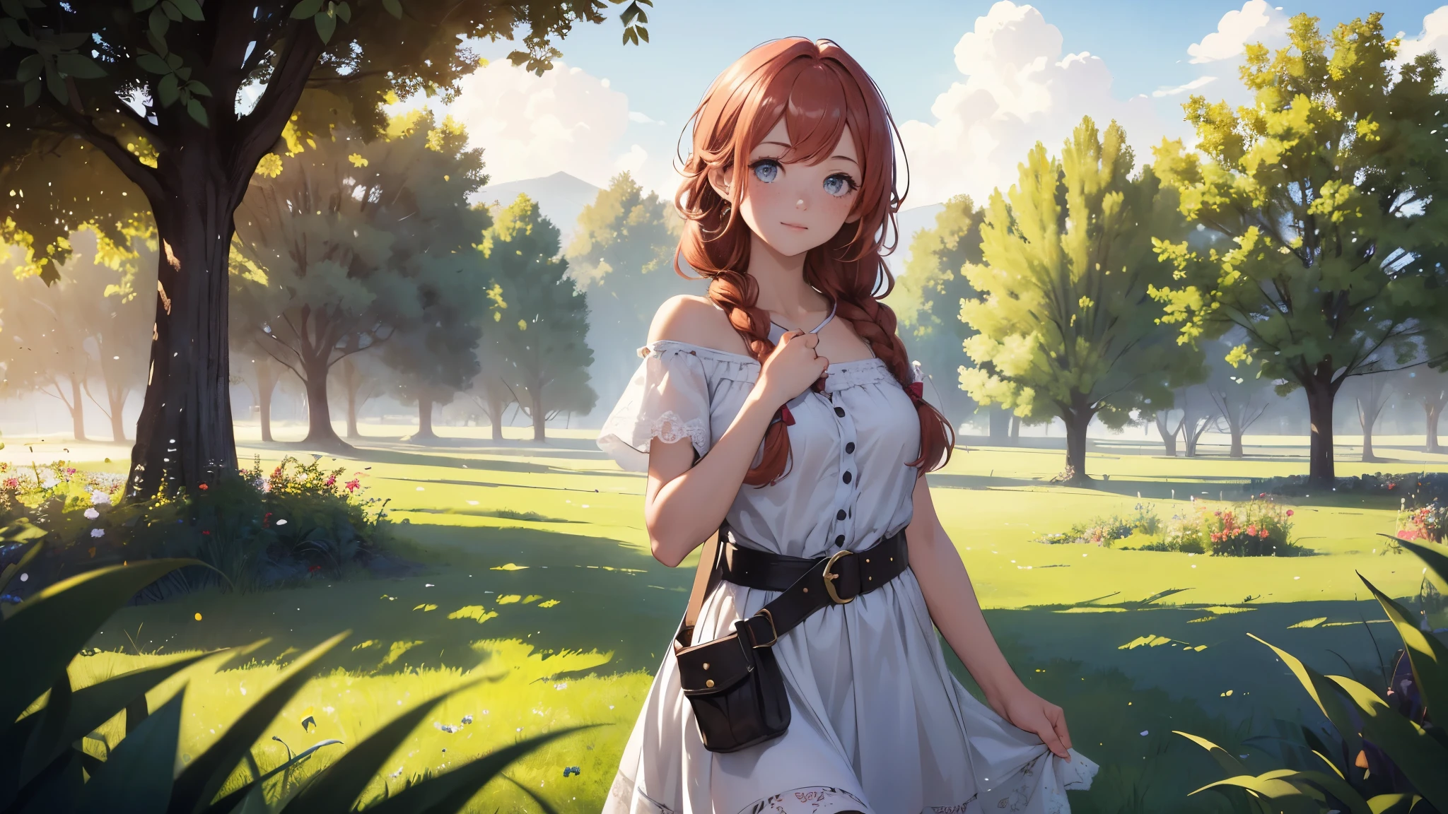 ((masterpiece,best quality,ultra detailed,ultra high res,detailed country yard background)), soft realistic focus, dynamic shadows, realistic image, vibrant colors,light leaks,dreamy atmosphere,chiaroscuro,BREAK
experimental charm, The girl is depicted in full growth, you see the girl from head to toe, nostalgic appeal, country girlfriend, she take you with yourself, simple open short dress, soft mischievous smile, freckles, shiny light red hair, big sister pose, thick braids, hands resting on the hips on the belt and legs widely spaced, slightly leaning forward