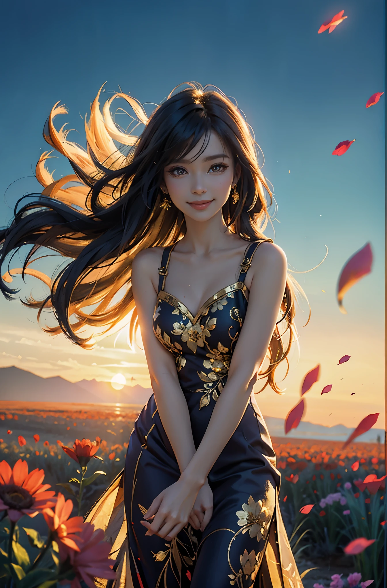 award winning digital art, half body portrait of a beautiful woman in a silk Tang dress with gold embroidery, colorful hairstyle with head in motion and long hair flying, big smile, Happy, sexy,  in a flower field, golden sunset, particles dust, glitter, paint splashes, splatter, outrun, vaporware, shaded flat illustration, digital art, trending on artstation, highly detailed, fine detail, intricate