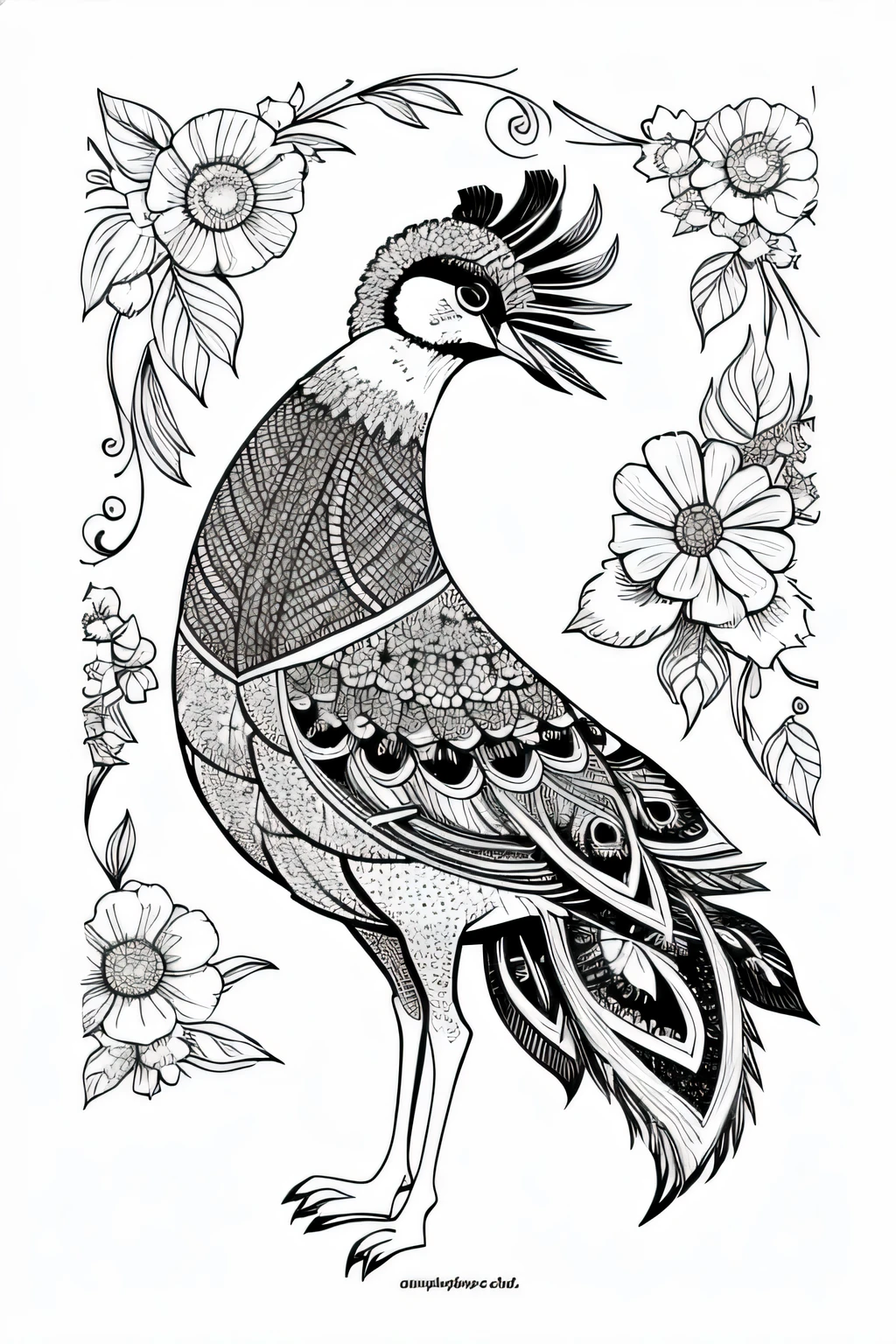 Estilo de libro para colorear en blanco Imagen de estilo de arte lineal de pavo real con flores