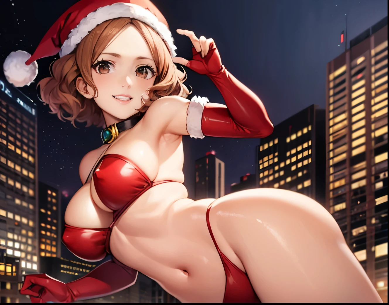 1girl, solo, masterpiece, best quality, high res, highly detailed, (illustration), beautiful detailed eyes,haru okumura, (brown eyes:1.5), brown hair, short hair,, glossy lips, makeup, smile, long white santa elbow gloves, cowboy shot, (santa bikini), red santa bikini, santa hat, bikini, smile, mouth open, city mall background , posing, perfekt body