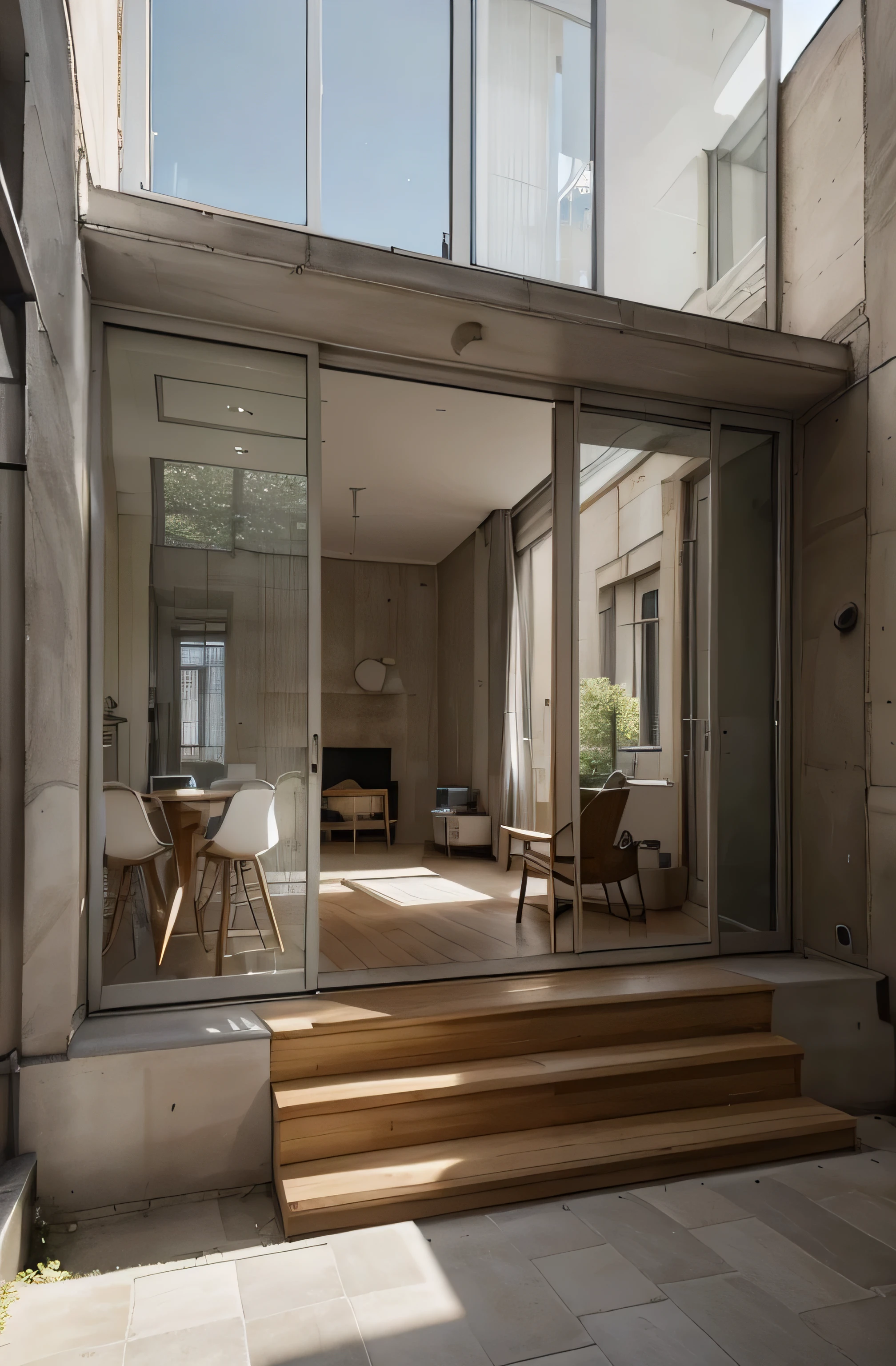 photo realistic. Architecture moderne en béton et bois. en haut d'un immeuble. Large bay window. sunlight. Exterior photo. Raising an existing building. un serait. Paris. StyleTadao Ando