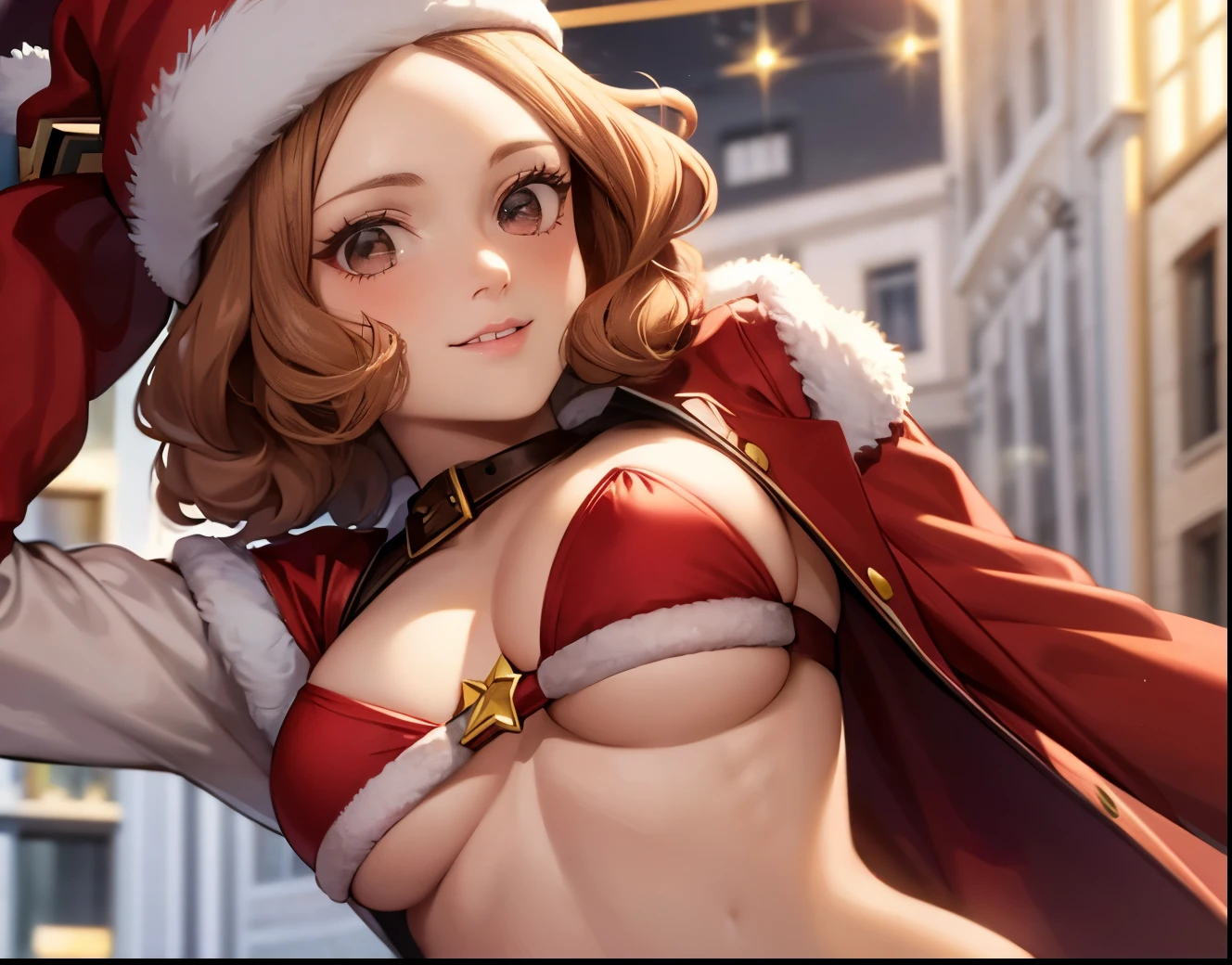 1girl, solo, masterpiece, best quality, high res, highly detailed, (illustration), beautiful detailed eyes,haru okumura, (brown eyes:1.5), brown hair, short hair,, glossy lips, makeup, smile, long white santa elbow gloves, cowboy shot, (santa bikini), red santa bikini, santa hat, bikini, smile, mouth open, city mall background , posing, perfekt body