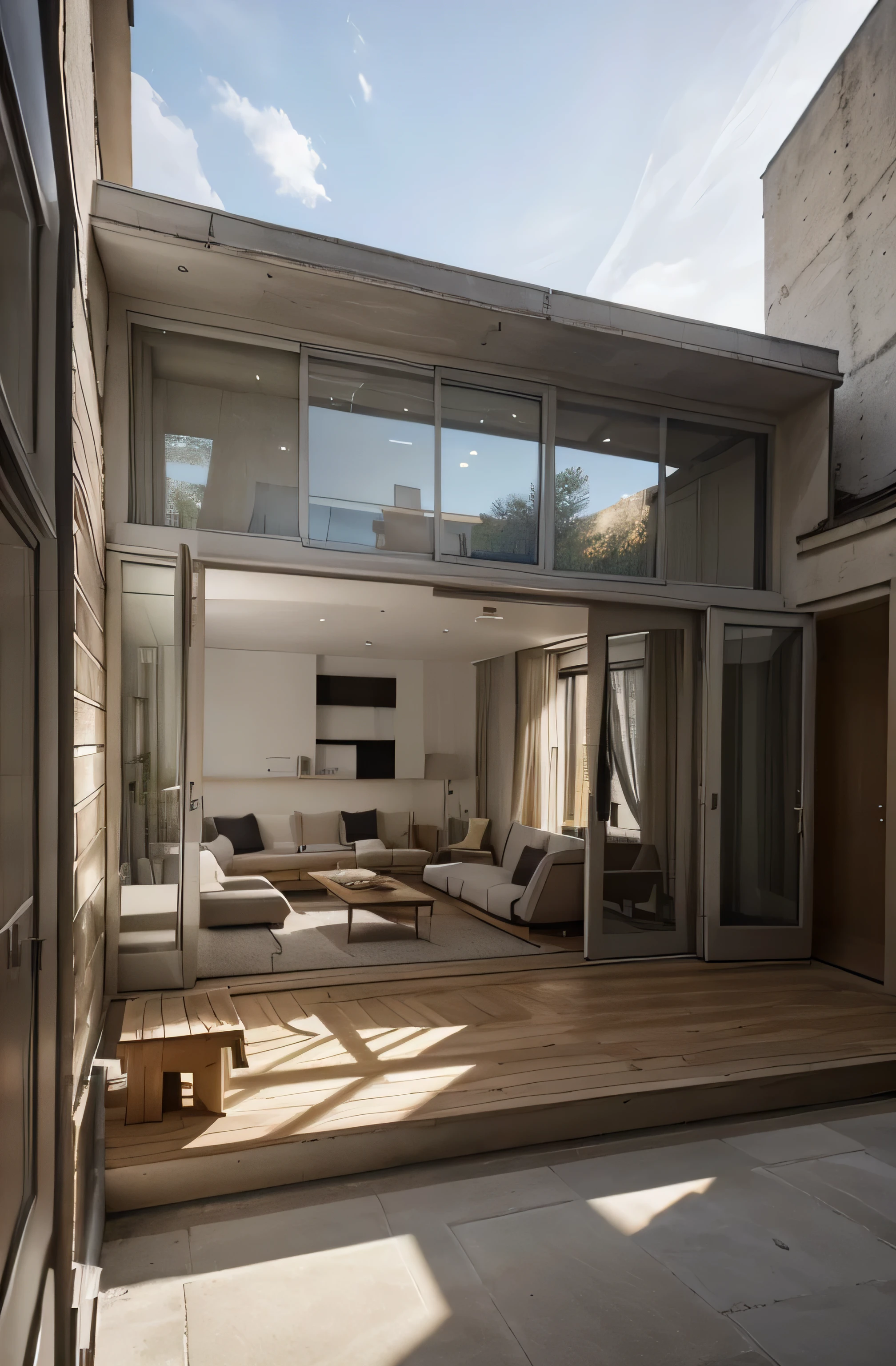 photo realistic. Architecture moderne en béton et bois. en haut d'un immeuble. Large bay window. sunlight. Exterior photo. Raising an existing building. un serait. Paris. StyleTadao Ando