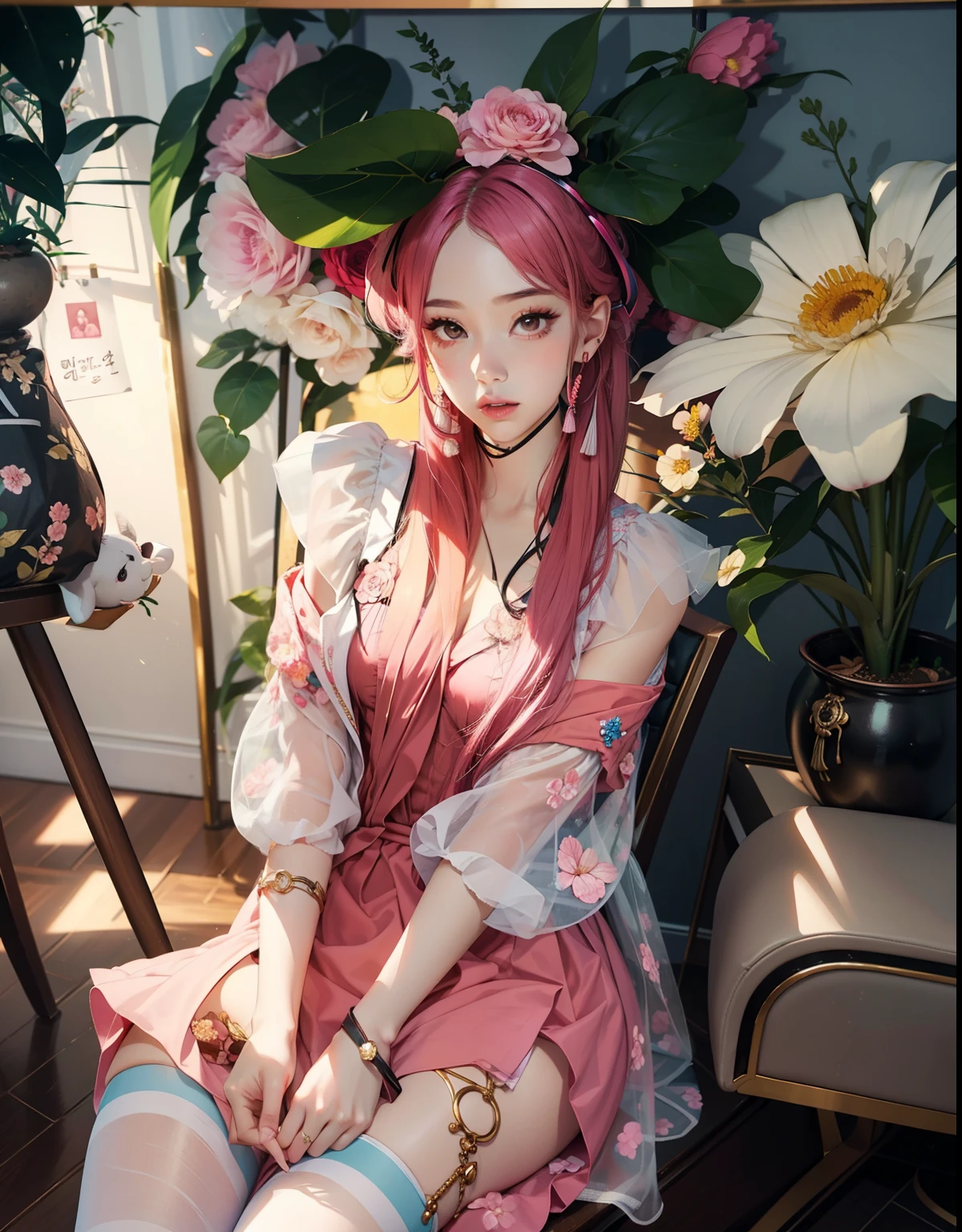 araffe girl sitting on a chair with a flower headpiece, lady with glowing flowers dress, ulzzang, bae suzy, sha xi, wearing pink floral gown, belle delphine, sakimichan, jinyoung shin, heonhwa choe, 2 0 2 0 fashion, official, 2 0 2 2 photo, wearing pink floral chiton