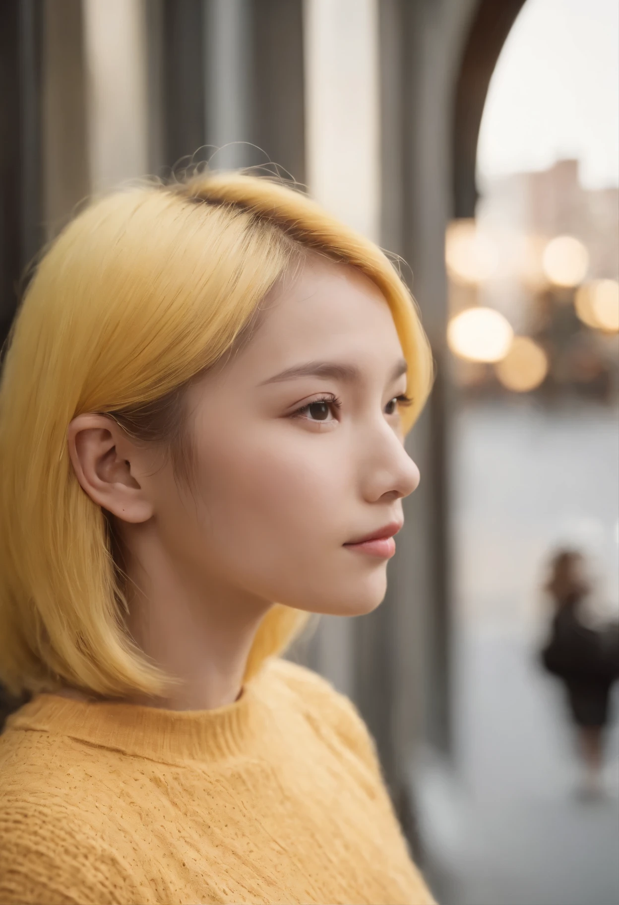 /imagine prompt: portrait of a girl in profile of asian appearance, with bright yellow hair and darkish shade, medium-sized breasts, slender figure, wearing a brown knitted sweater and jean shorts with black tights on top, white socks and black school shoes, shot on a skyscraper in tokyo with a kodak gold 400 camera.:: --v 4