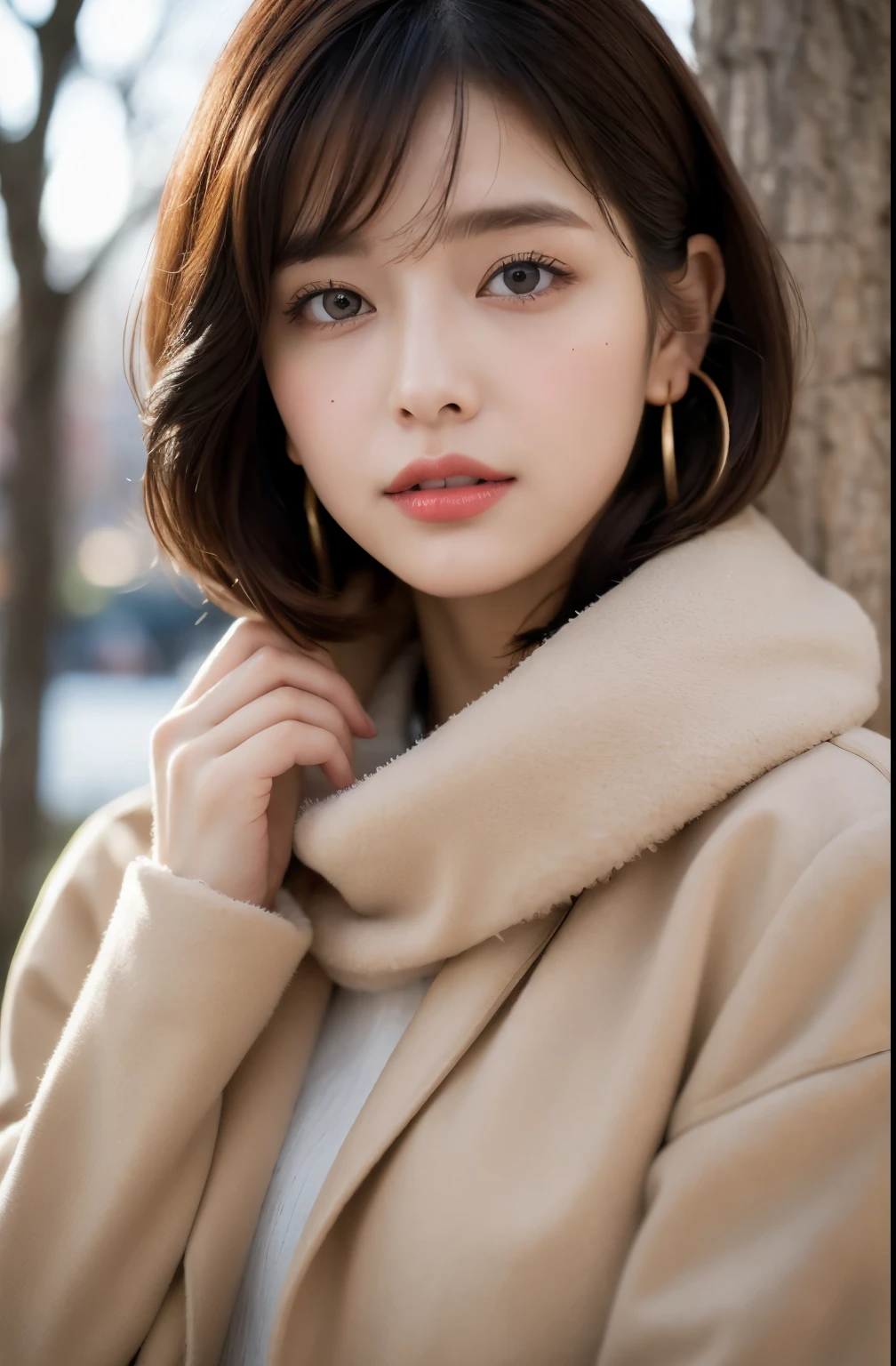 1 girl, bare_tree, brown_eyes, brown_hair, building, coat, cross_earrings, earrings, fur, fur trimmed_coat, fur_collar, fur_scarf, fur_trim, jewelry, lips, shorthair, looking_at_viewer, outdoors, snow, snow, solo, tree, upper_body, Winter, winter_clothes, detailed_eyes,Big breasts, arms close together, Chest facing camera, Big, Ears out, Golden ratio face, Golden ratio body, Best quality, Ultra high definition, Bangs