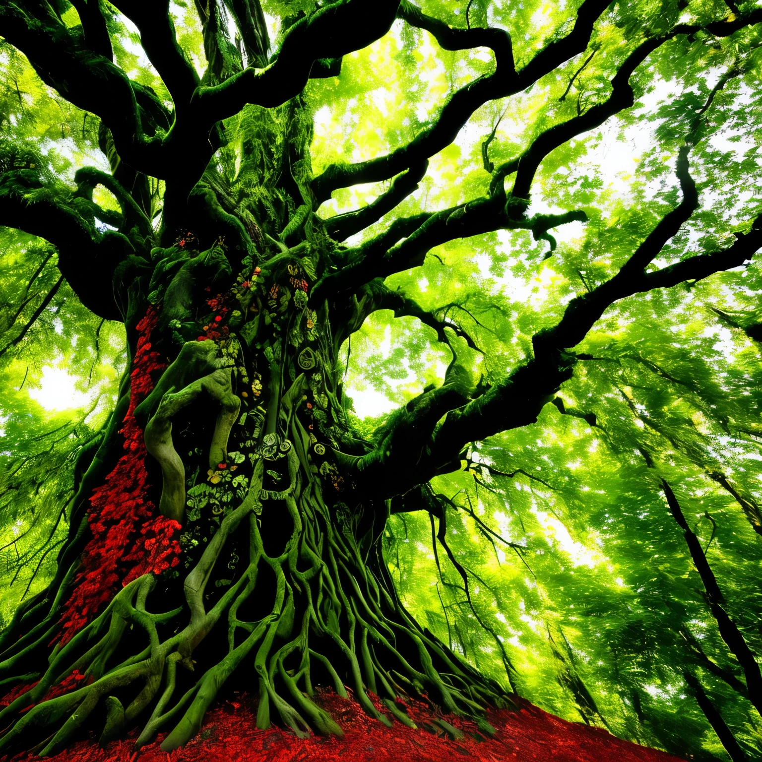 In the heart of an enchanted forest, the Tree of Knowledge of Good and Evil stands tall and majestic, its branches reaching for the heavens as if to touch the stars. The tree is surrounded by a lush canopy of vibrant green leaves, casting dappled shadows on the forest floor below. The trunk of the tree is ancient and gnarled, its bark covered in intricate patterns and runes.

As you approach the tree, its fruits gleam in the sunlight, their colors a mesmerizing blend of red, green, and gold. Each fruit holds the promise of wisdom and knowledge, but a sense of caution lingers in the air. The allure of the forbidden fruit