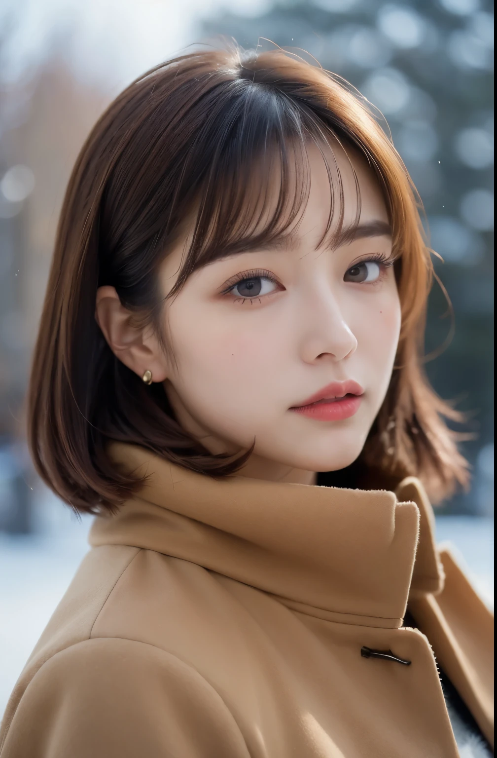 1 girl, bare_tree, brown_eyes, brown_hair, building, coat, cross_earrings, earrings, fur, fur trimmed_coat, fur_collar, fur_scarf, fur_trim, jewelry, lips, shorthair, looking_at_viewer, outdoors, snow, snow, solo, tree, upper_body, Winter, winter_clothes, detailed_eyes,Big breasts, arms close together, Chest facing camera, Big, Ears out, Golden ratio face, Golden ratio body, Best quality, Ultra high definition, Bangs