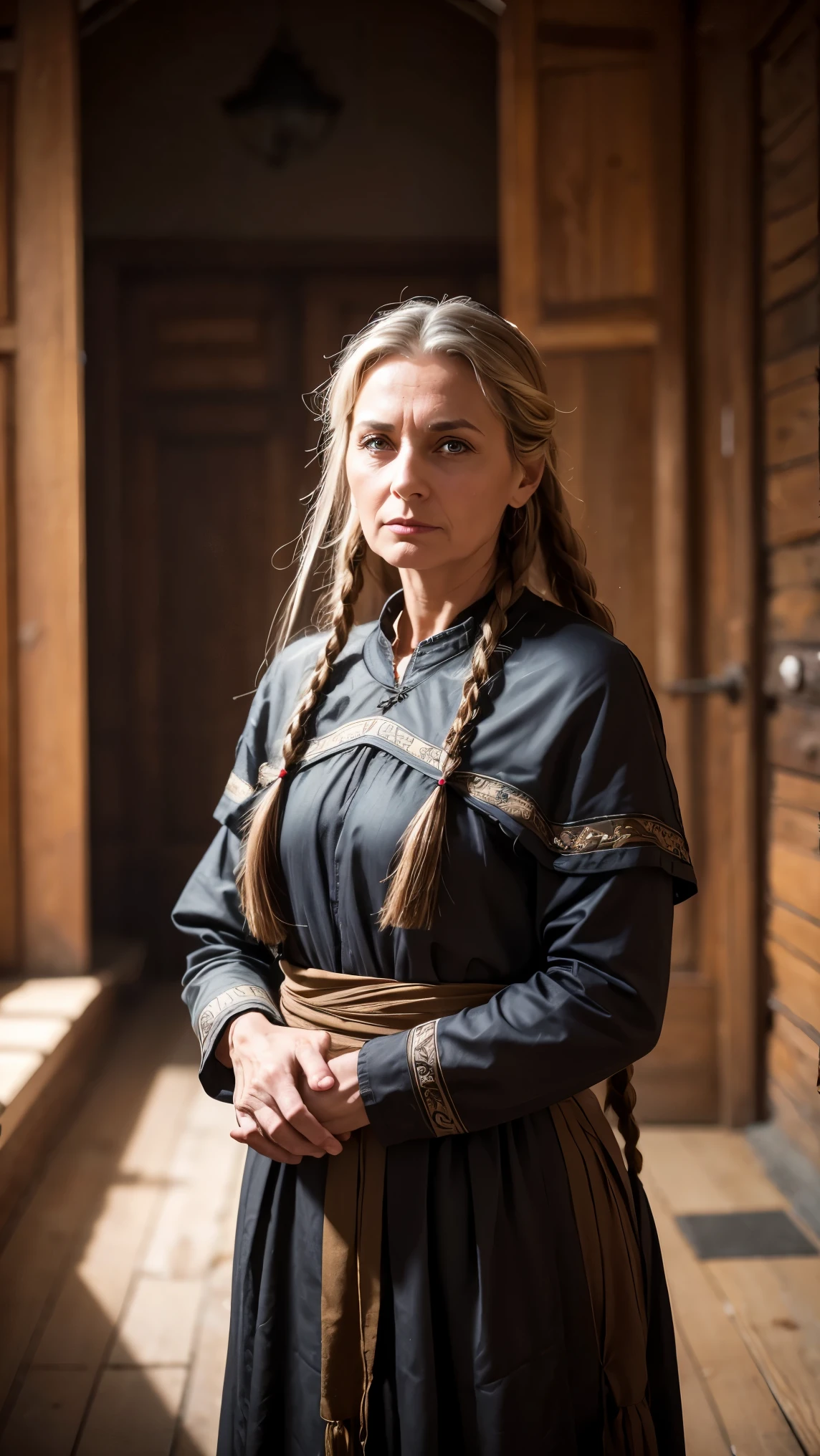 RAW photo, Slavic woman, 45 years old, old woman, Waist-length image in the center of the composition, (Long braids), Poor early medieval clotheodest)), Embarrassed, indoors, blurred background, 8K UHD, dim lighting, hiquality, Film grain, Fujifilm XT3