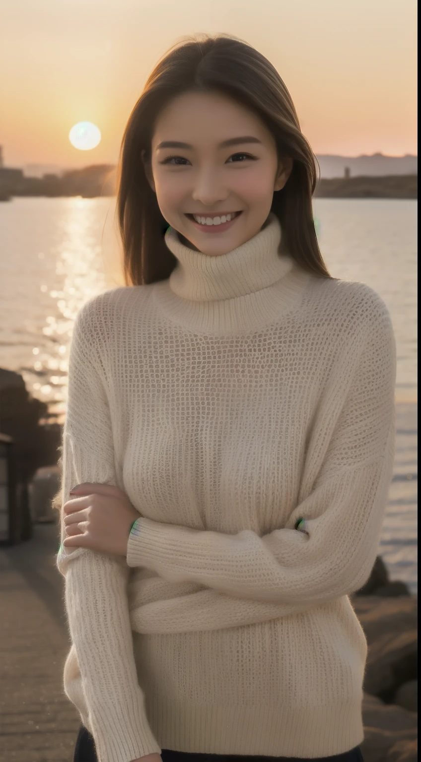 The face is a hostess、Turtleneck sweater、hiquality、A hyper-realistic、healthy、Smiling expression、Slender perfect figure、Japan beauties、beautidful eyes、face perfect、Beautiful skin、the setting sun、Mare