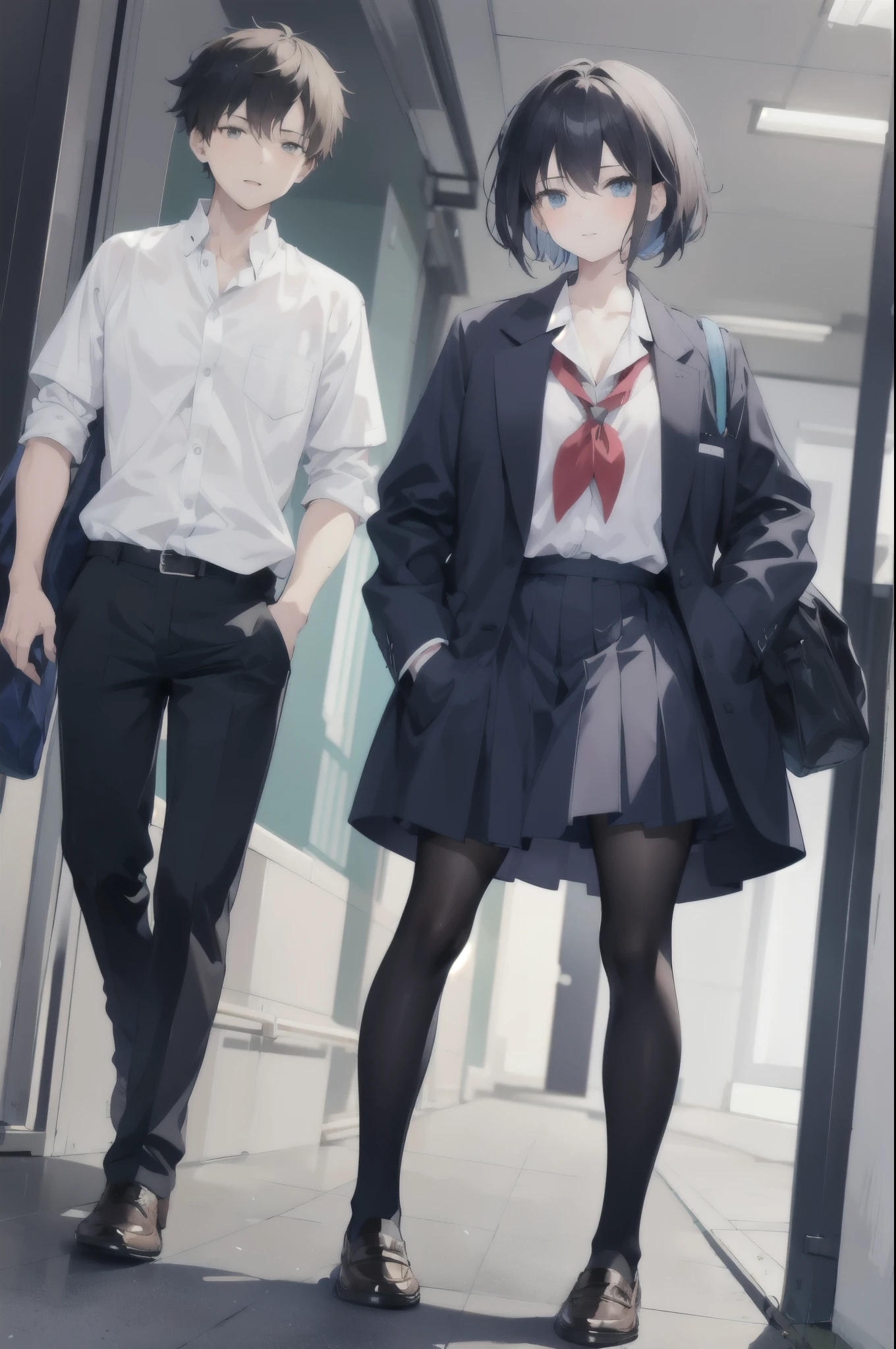 1boy,1girl,evening school,school uniform,boy hands in pockets,girl happy