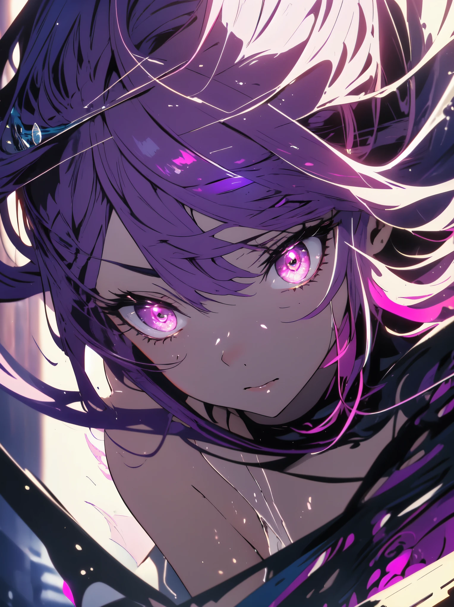 (Top Quality, Masterpiece, High Resolution, Detailed),1girl, (Glowing Eyes, Detailed Beautiful Face), (Skin Exposed, Sexy Pose), Ahoy Hair, Purple Hair, Pink Eyes, (Detailed, Pretty Lingerie), (Shy Face), Shooting Studio, Sexy Angle, Beautiful Animation