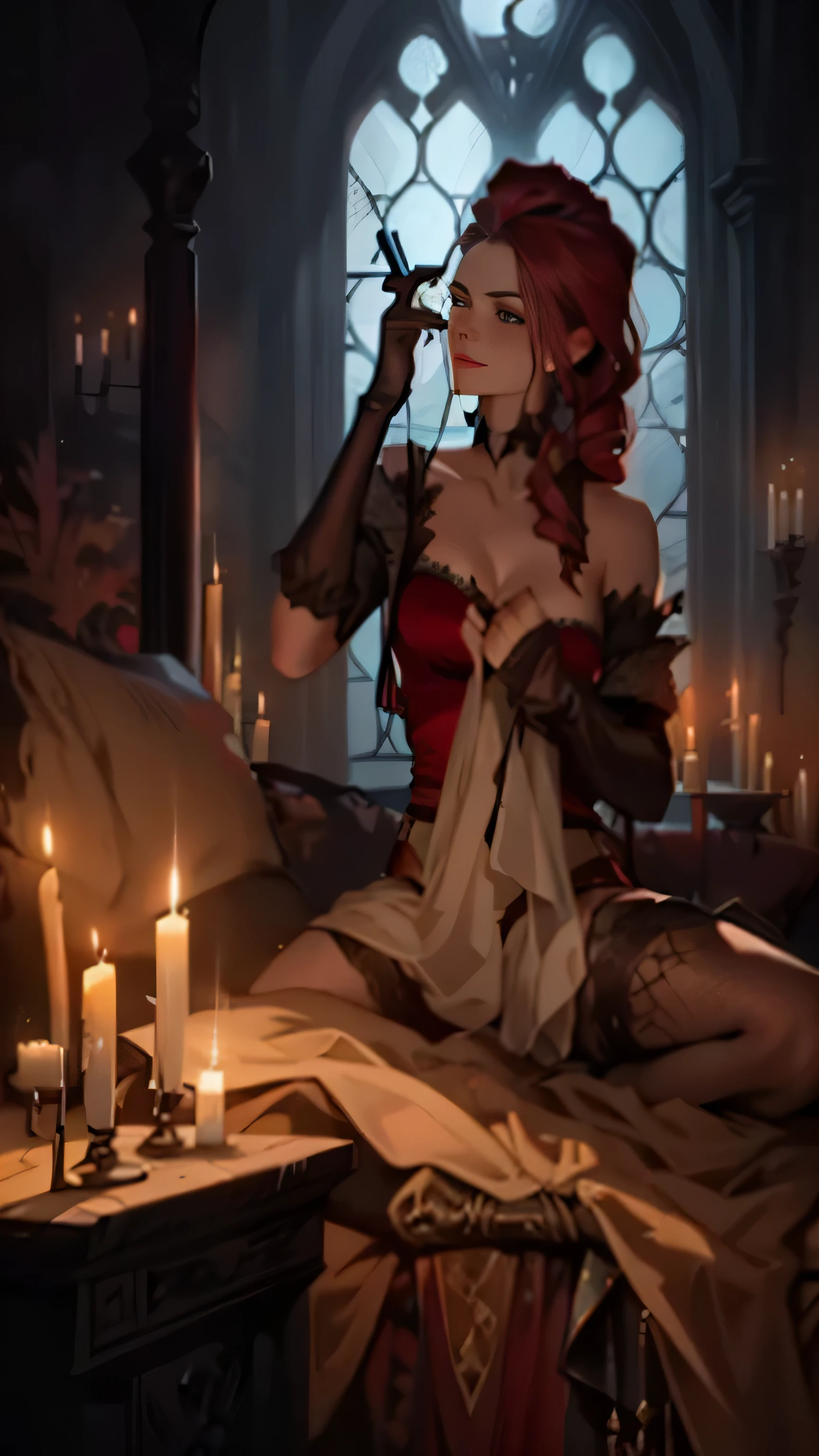 one beautiful 18 year old girl, detailed beautiful hair, detailed beautiful eyes, small breasts, long red hair, nude, naked, pubic hair, choker collar, chained up, bracelets, standing, Victorian mansion, candles, dramatic lighting, cinematic lighting, Rembrandt lighting