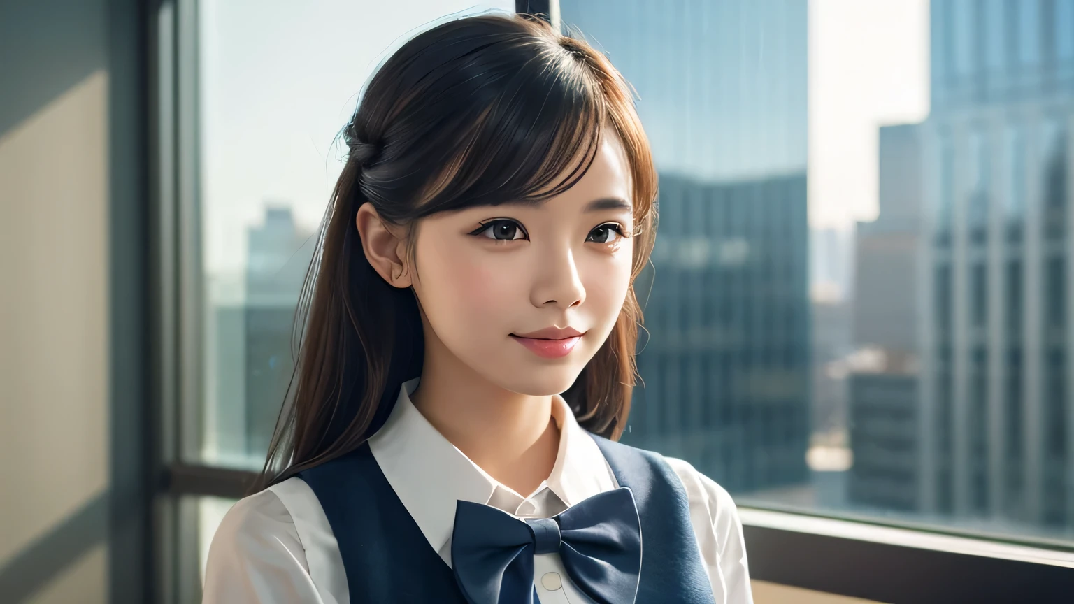 1girl, matured female, vest, bow, photo, realistic, best quality, hires, detailed face, office, buildings from window, detailed background, diffused sunlight, depth of field, bokeh
