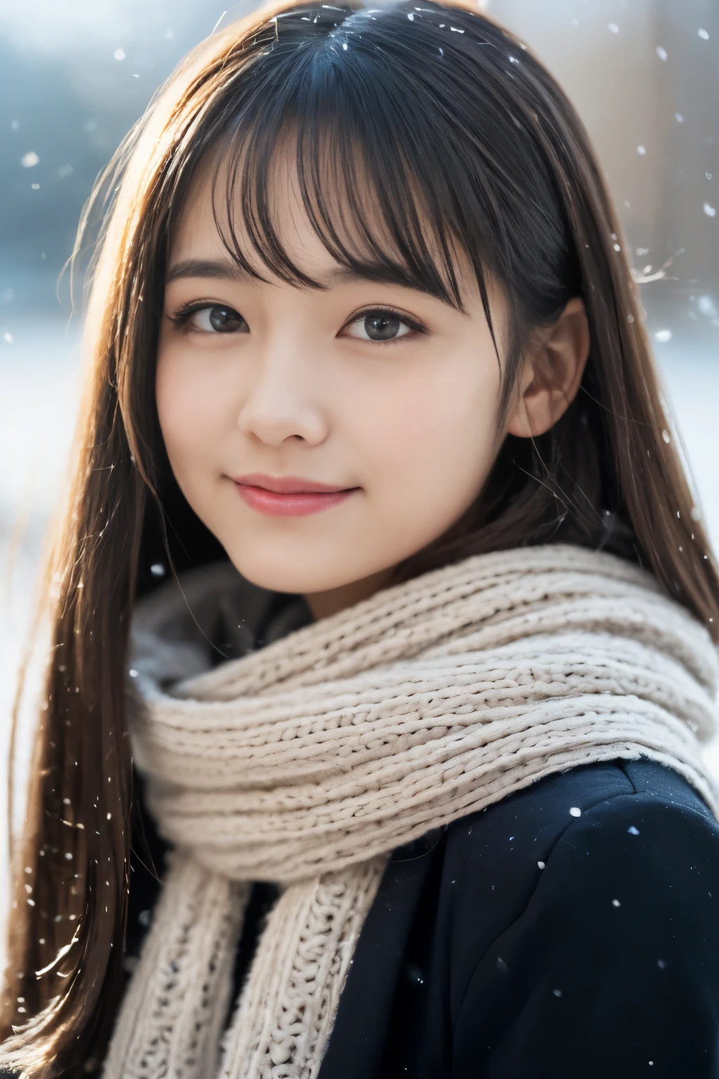 ((Show face only、Close-up of face、no-makeup))、(realisitic、Photorealsitic、ultra-detailliert、Highest Details Skins、top-quality、masterpiece、超A high resolution)、Cute Japan Woman、17 age、hi-school girl、younggirl、1 girl in、I have bangs、double eyelid、drooing eyes、Large black eyes、Japanese style face、ssmile、Charming、purity、Straight face、double tooth、View here、Realistic skin type、Thick muffler、Grey muffler、fluffy hair、((Hair is inside the scarf:1.3))、Red cheeks、The wind is blowing、It's snowing、illuminations、Lighting from behind