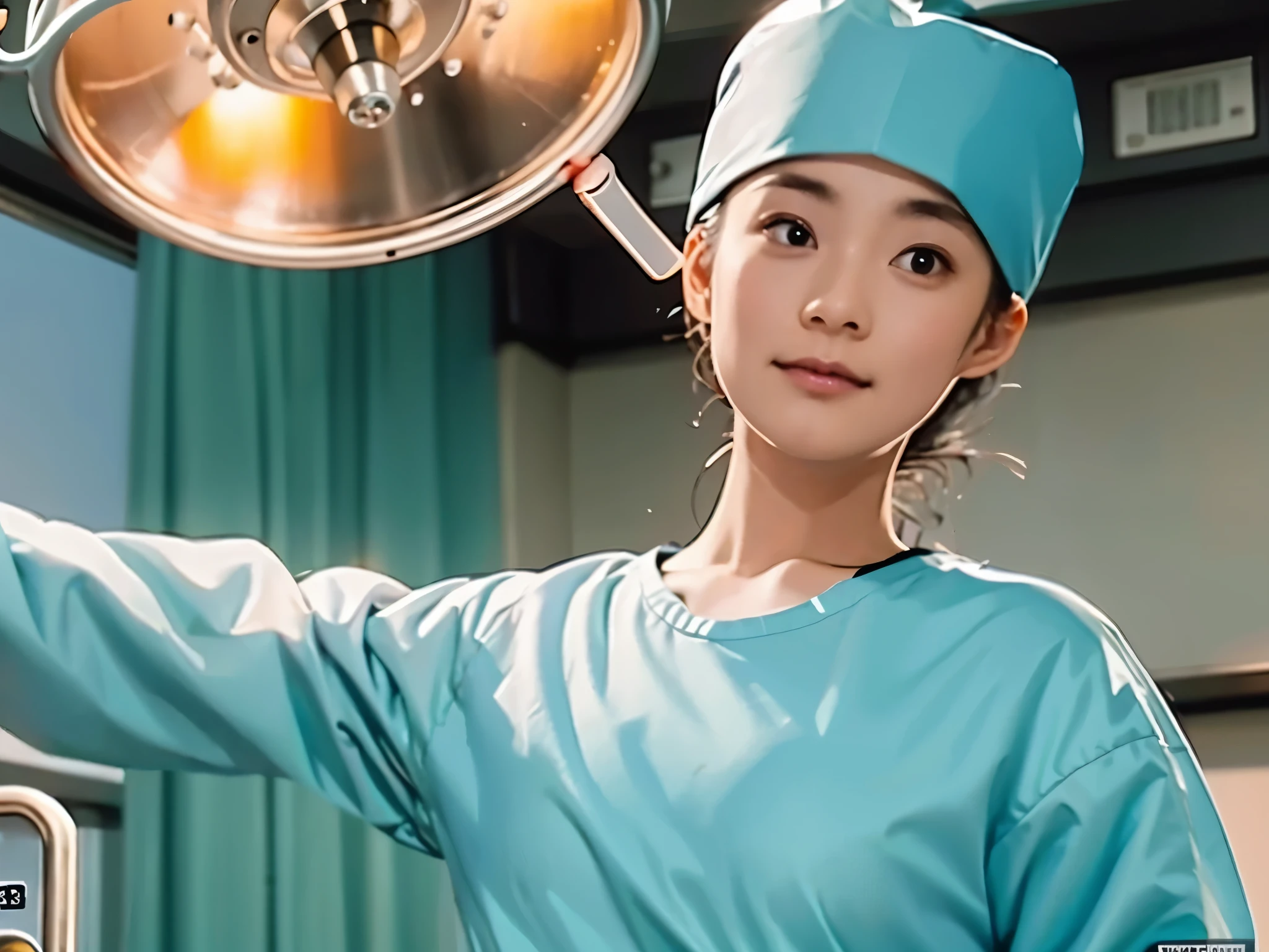 (highest quality,High resolution:1.2),super detailed,(realistic:1.37) 1 girl,wearing long-sleeved surgical gowns,wearing a surgical mask,wearing surgical gloves,wearing a surgical hat,In the operating room,under the overhead lamp