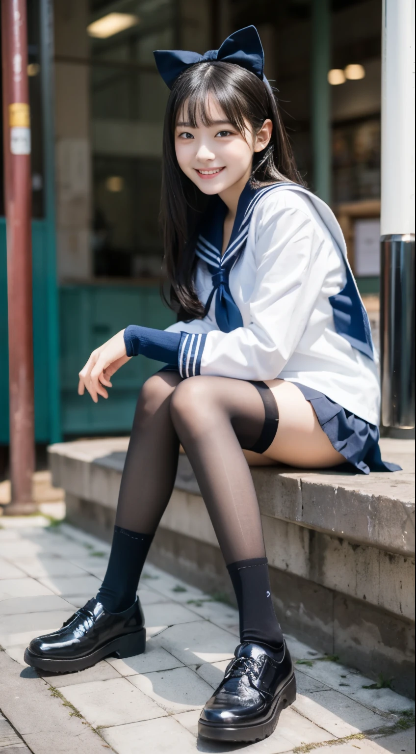 1 girl, cute, black haired, , smile, looks pure, sailor suit, photograph, realistic, highest quality, detailed face, whole body, thin, thin脚, long legs, wearing thigh-high socks, wearing shoes, station platform,