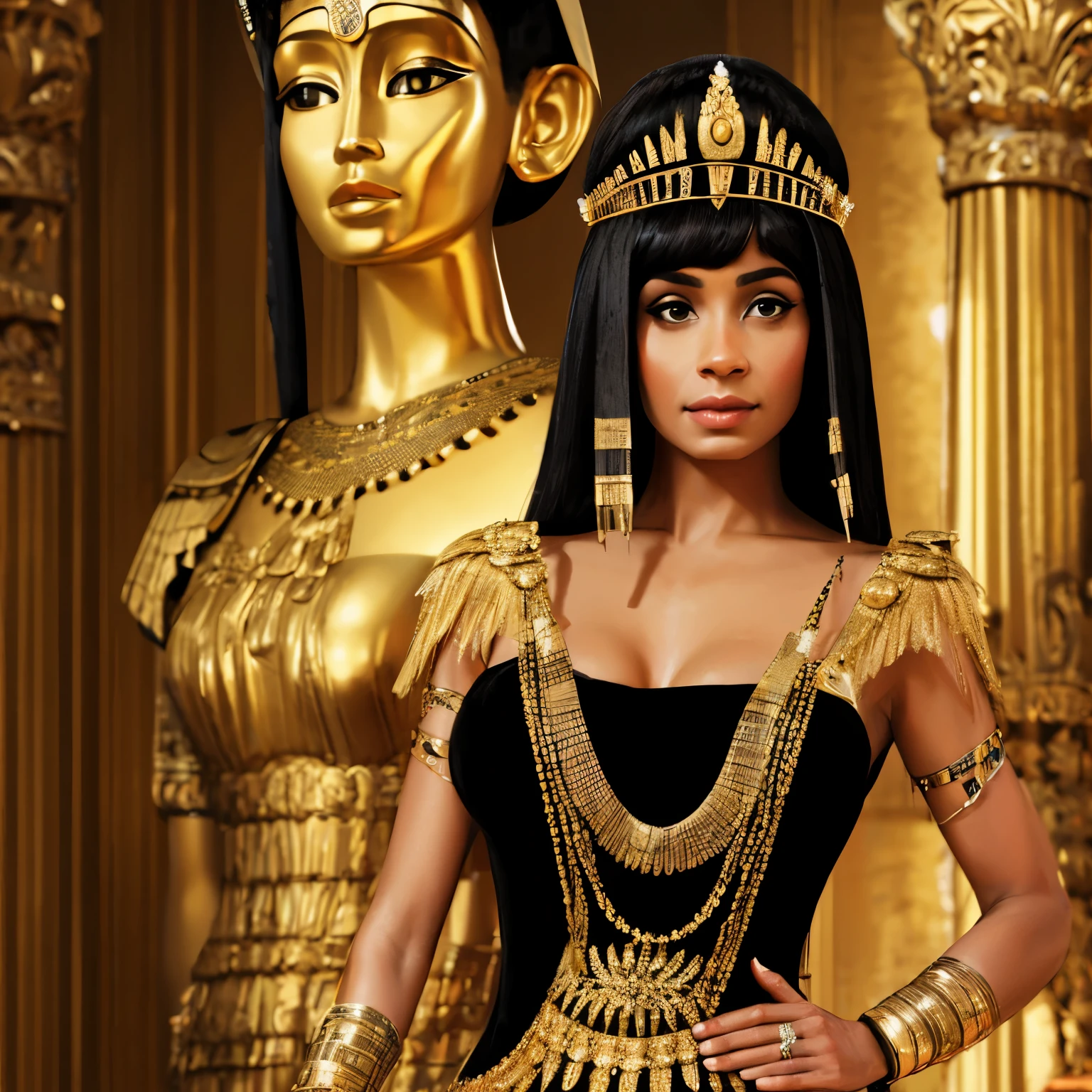 Cleopatra in black and gold dress, with jewels and crown