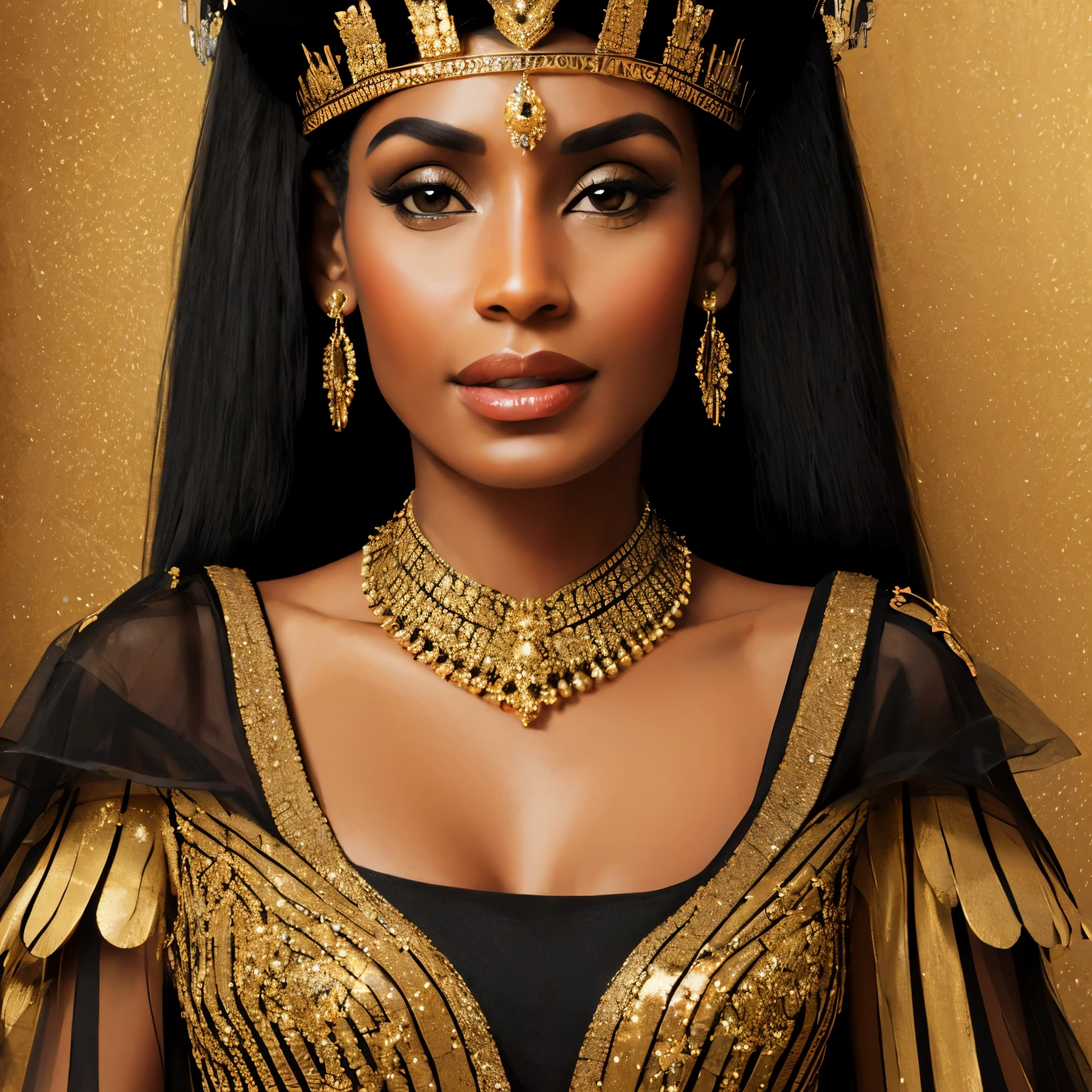 Cleopatra in black and gold dress, with jewels and crown