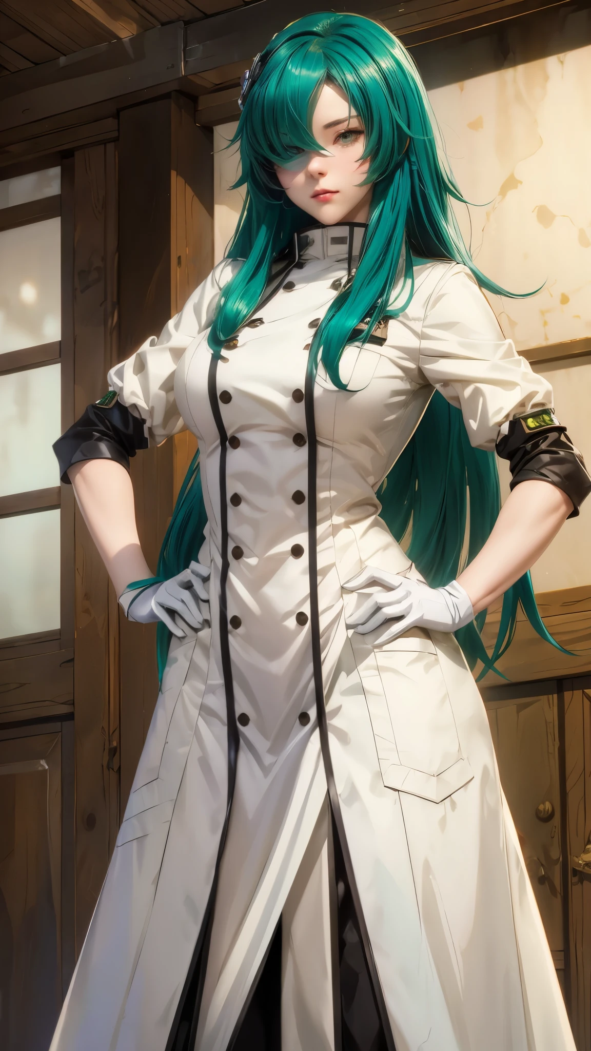 anime - style woman with green hair and white coat posing for a picture, cushart krenz key art feminine, anime girl with teal hair, mikudayo, from girls frontline, fine details. girls frontline, official character art, fus rei, azur lane style, painted in anime painter studio, from the azur lane videogame, marin kitagawa fanart