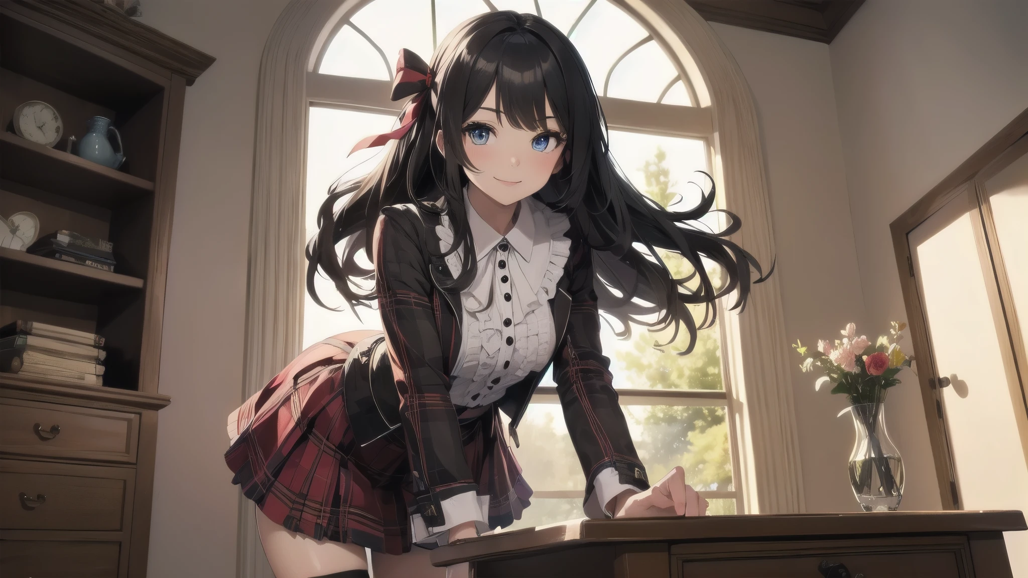 very cute and beautiful girl,(highly detailed beautiful face and eyes:1.2),(smile),(mid shot),
(white blouse with detailed frills),long sleeve BREAK detailed legs,zettai ryouiki,
standing,stylish pose,
dynamic angle,hair ribbon,black hair,hime cut,(scarlet plaid mini skirt)
 BREAK living room,flowers in vase,wooden desk,(bookshelf:0.9),jewelry box,european carpet,distant trees,
(best quality,masterpiece:1.2),(intricate details),highres,1 girl,solo,cinematic scene,hair fluttering in the wind,