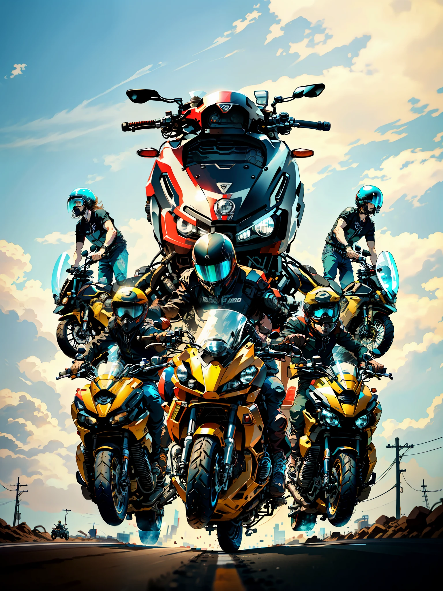 several people are riding motorcycles with a car on top, touring, front perspective, one motorbike in center of frame, badass composition, photo shot, motorcycles, header text”, motorbiker, illustrative!!, r6, motorcycle, textless, motorbike, full device, front shot, front facing, by Jan Rustem, photoshot, by Francesco Raibolini
