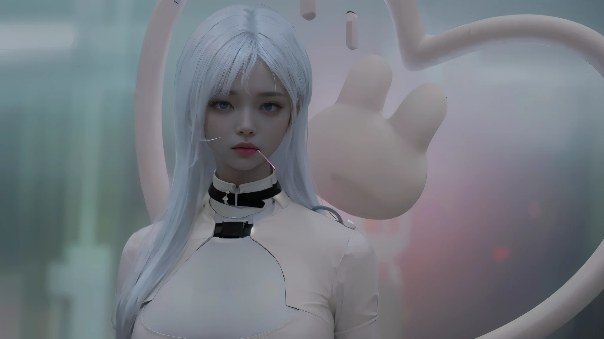 il y a une femme avec des cheveux blancs et un tour de cou noir, cyberesthétique, cyborg - silver-haired girl, fille aux cheveux blancs, Integrated synthetic Android, inspiré par Russell Dongjun Lu, inspired by Sim Sa-jeong, inspired by Alexandre Gine, inspired by Yanjun Cheng, inspiré par Jeonseok Lee, echo of&#39;overwatch, inspired by Gao Cen