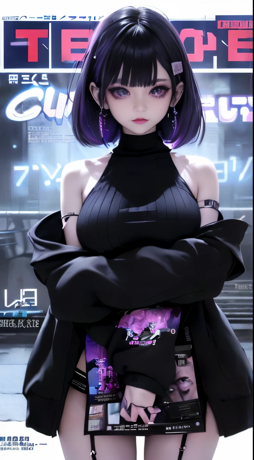 4K - ultra-vivid、highest quality, masterpiece, ultra high resolution, (reality: 1.4), 16 year old girl, purple eyes, Off-the-shoulder sweater dresses, cinematic lighting、purple and black hair、(Mine Girl、goth makeup、my makeup)、(earrings、big breasts、Oversized black T-shirt with open shoulders、Dark mini skirt)、((dark makeup、oil skin,glowing skin、realistic skin texture、Fine and beautiful skin、shiny skin)), nightの暗い繁華街、night、blue film photography、kabukicho、Dark Cyberpunk、(full shot:1.8)、thin legs、thin arms、thin shoulders、thin waist、slender body、big breasts、whole body、(magazine cover: 1.8)