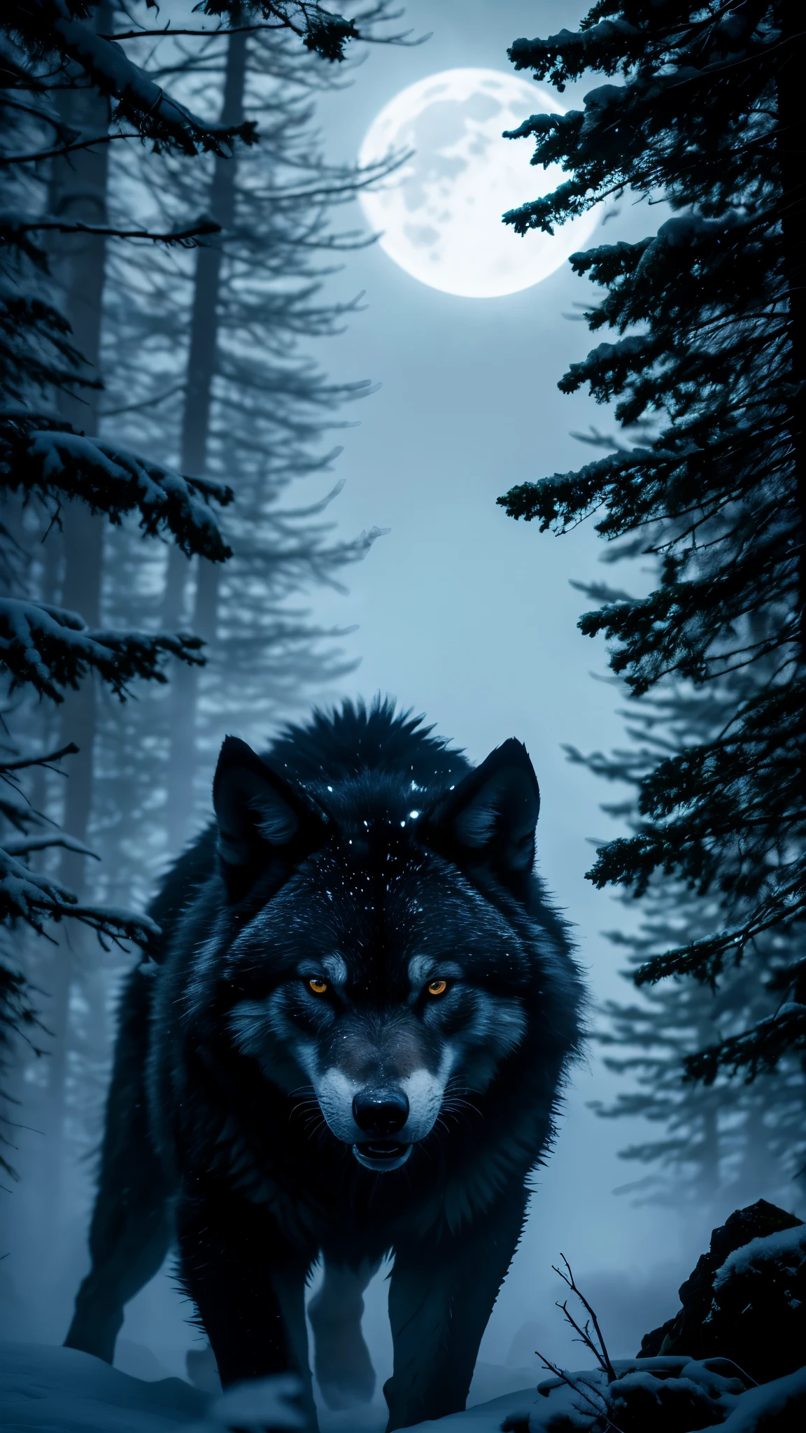 lobo branco, dark forest, snow ice, blue eyes, mysterious atmosphere, moonlight, black fur, fierce expression, intimidating presence, night hunting, stealthy movements, haunting howl, wild and untamed, powerful physique, midnight silhouette, ominous shadows, primal instinct, ancient legend, alpha predator, mesmerizing beauty, wolf pack dynamics, majestic wilderness