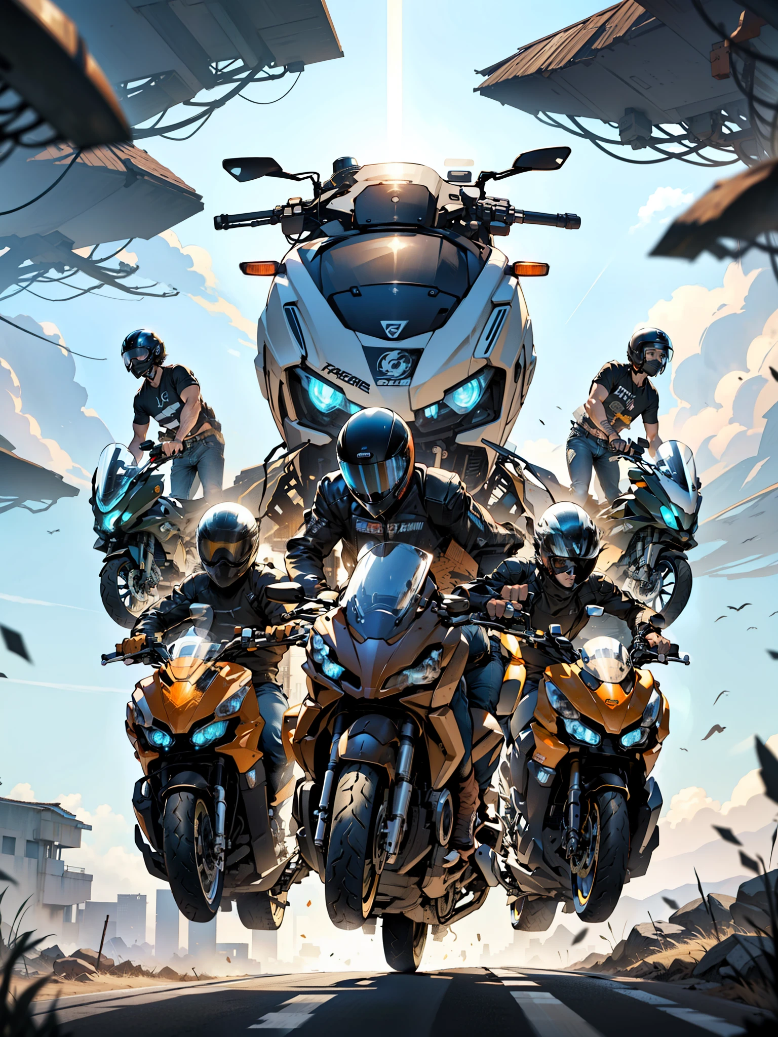 several people are riding motorcycles with a car on top, touring, front perspective, one motorbike in center of frame, badass composition, photo shot, motorcycles, header text”, motorbiker, illustrative!!, r6, motorcycle, textless, motorbike, full device, front shot, front facing, by Jan Rustem, photoshot, by Francesco Raibolini