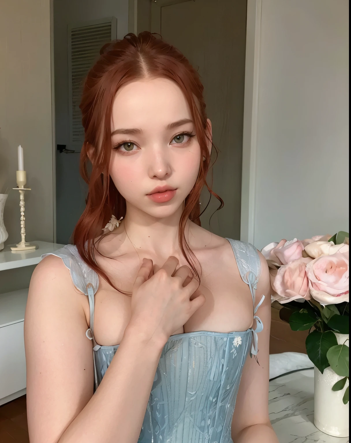 there is a woman that is posing for a picture in a dress, with pale skin, very pretty model, lovely delicate face, pale glowing skin, dove cameron in a knight armor, corset, princess, wavy hair, red hair