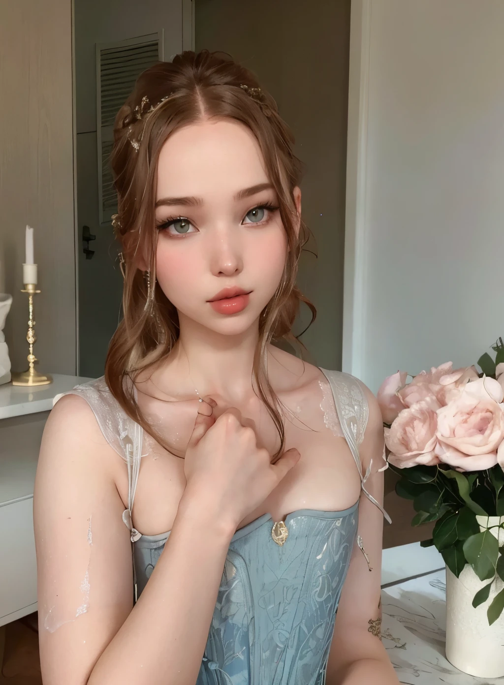 there is a woman that is posing for a picture in a dress, with pale skin, very pretty model, lovely delicate face, pale glowing skin, dove cameron in a knight armor, corset