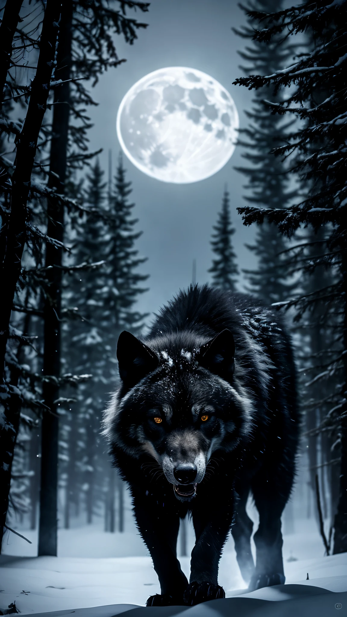 lobo preto, dark forest snow, glowing eyes, mysterious atmosphere, moonlight, black fur, fierce expression, intimidating presence, night hunting, stealthy movements, haunting howl, wild and untamed, powerful physique, midnight silhouette, ominous shadows, primal instinct, ancient legend, alpha predator, mesmerizing beauty, wolf pack dynamics, majestic wilderness