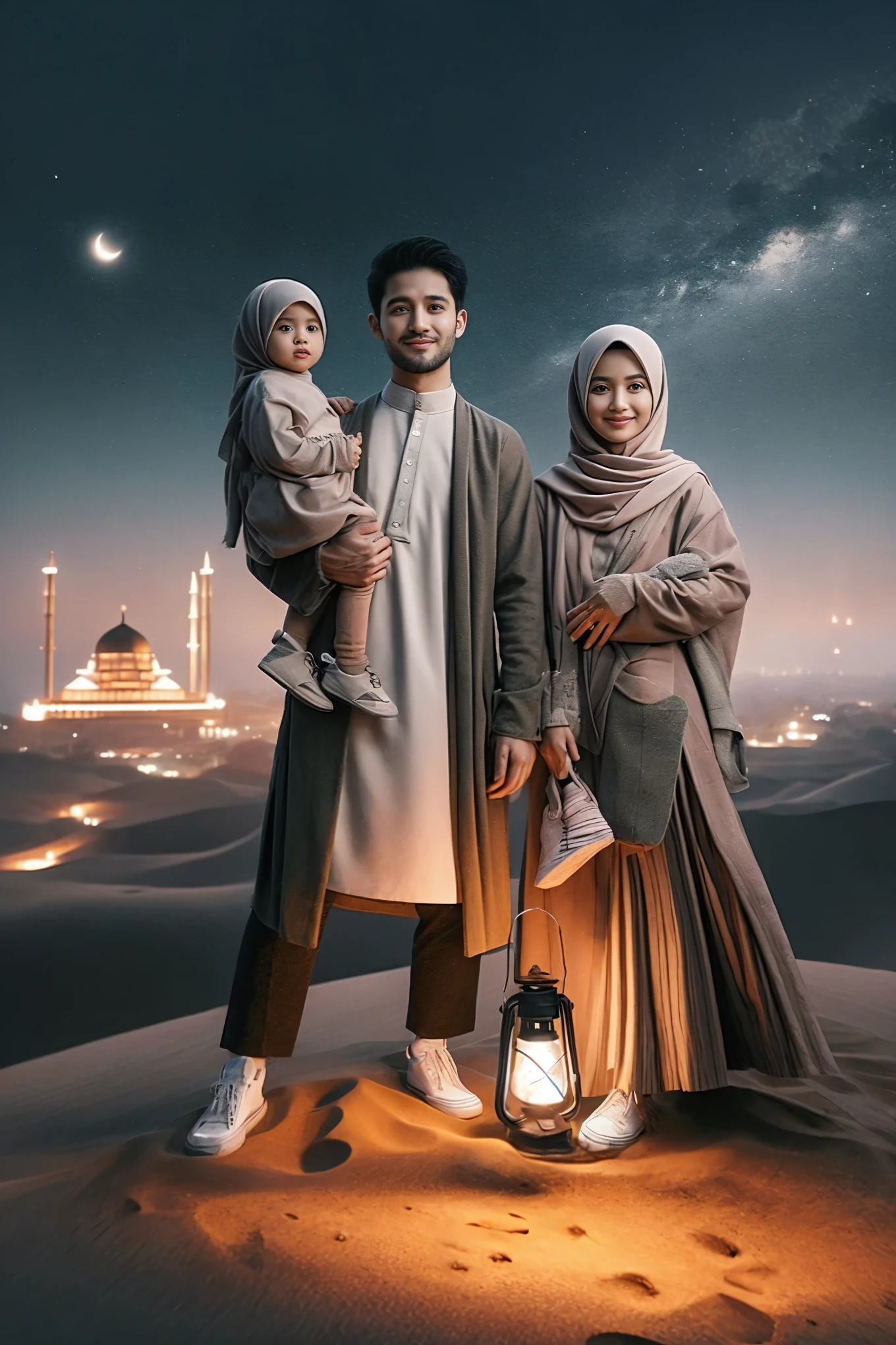 muslim family standing in desert with lantern and mosque in background, an indonesian family portrait, happy family, by Basuki Abdullah, profile picture 1024px, high quality portrait, modest, family portrait, traditional clothes, mid shot portrait, dressed thobe, family photography, muslim, full body photogenic shot, traditional clothing, husband wife and son, in desert