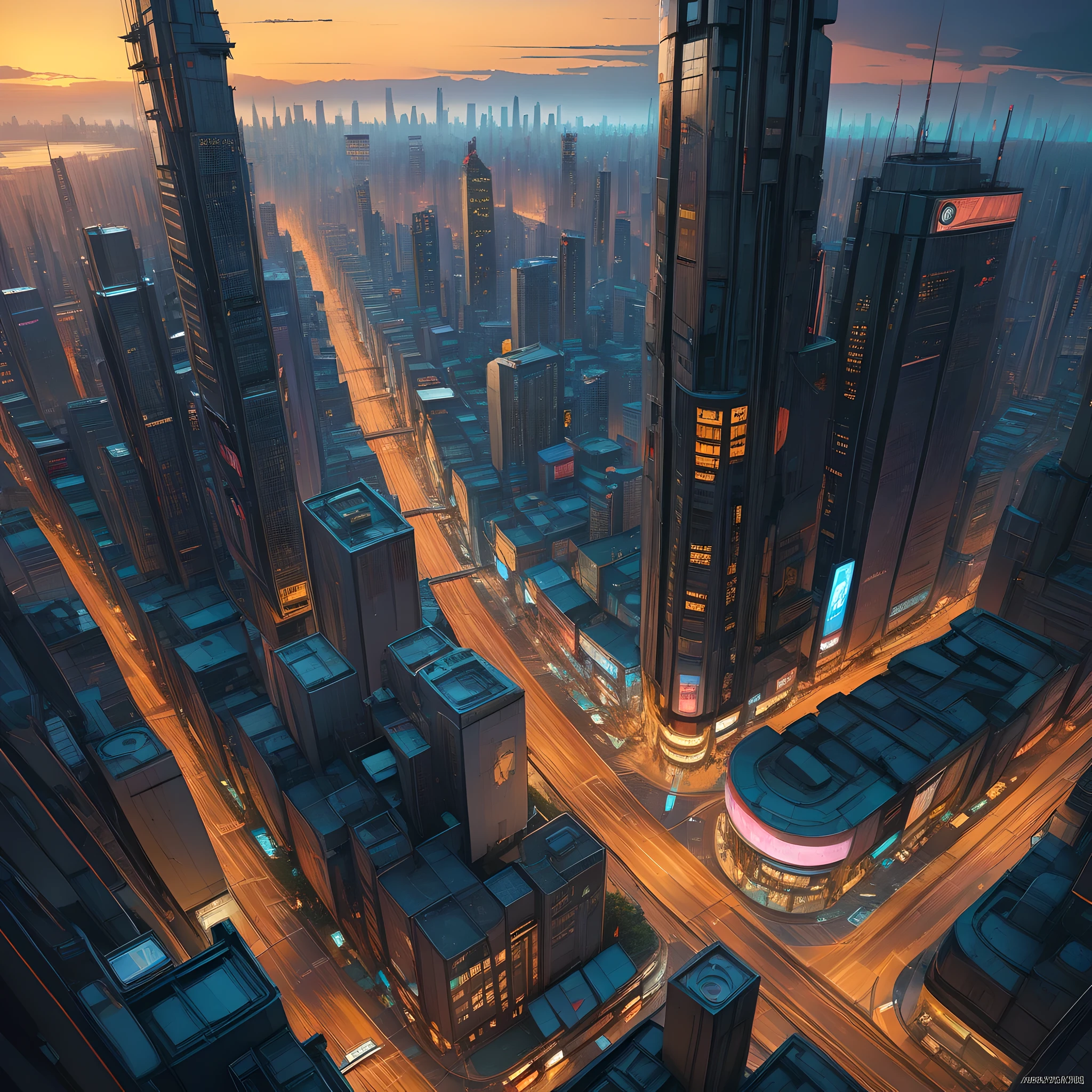 Cyberpunk city at dusk, Aerial perspective, high, perspective effect, Unique angles and visual impact, best quality, masterpiece，ultra high definition, high level of detail, oil painting style