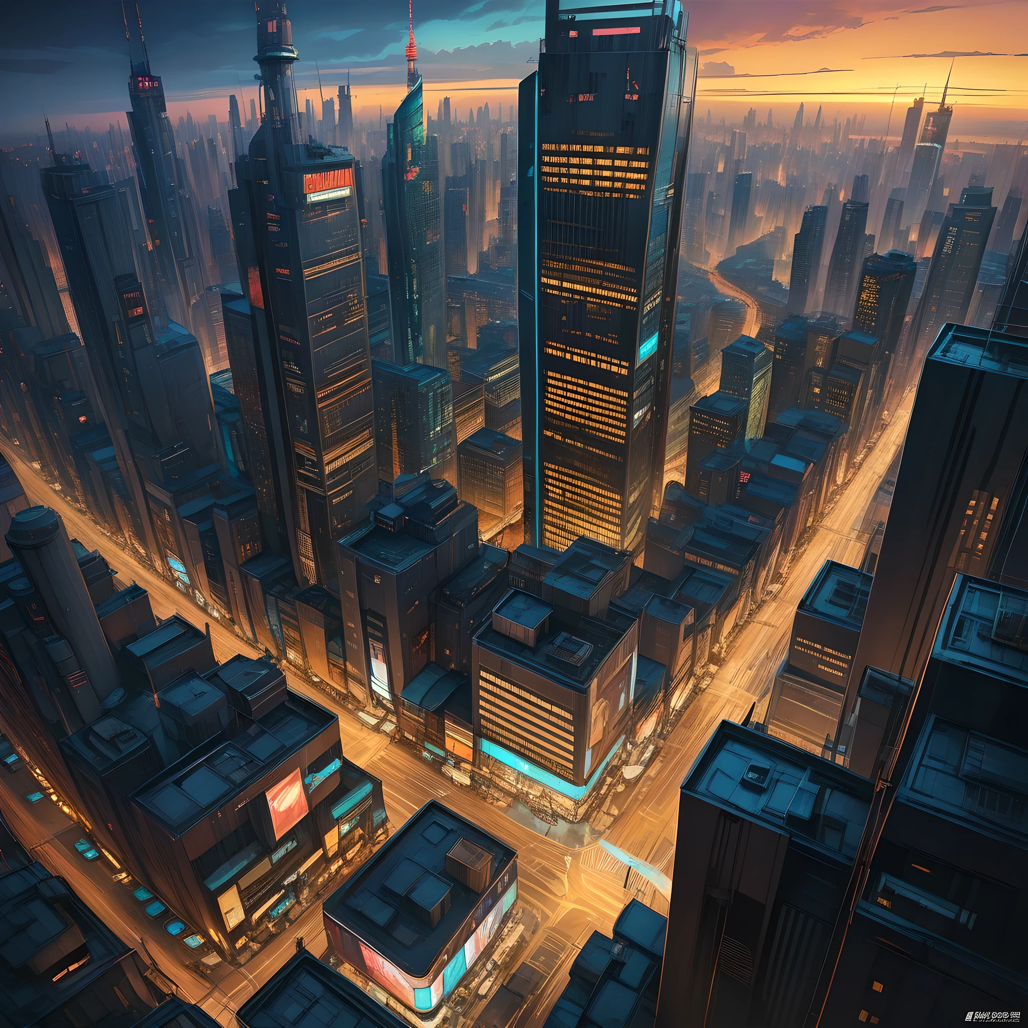 Cyberpunk city at dusk, Aerial perspective, high, perspective effect, Unique angles and visual impact, best quality, masterpiece,ultra high definition, high level of detail, oil painting style