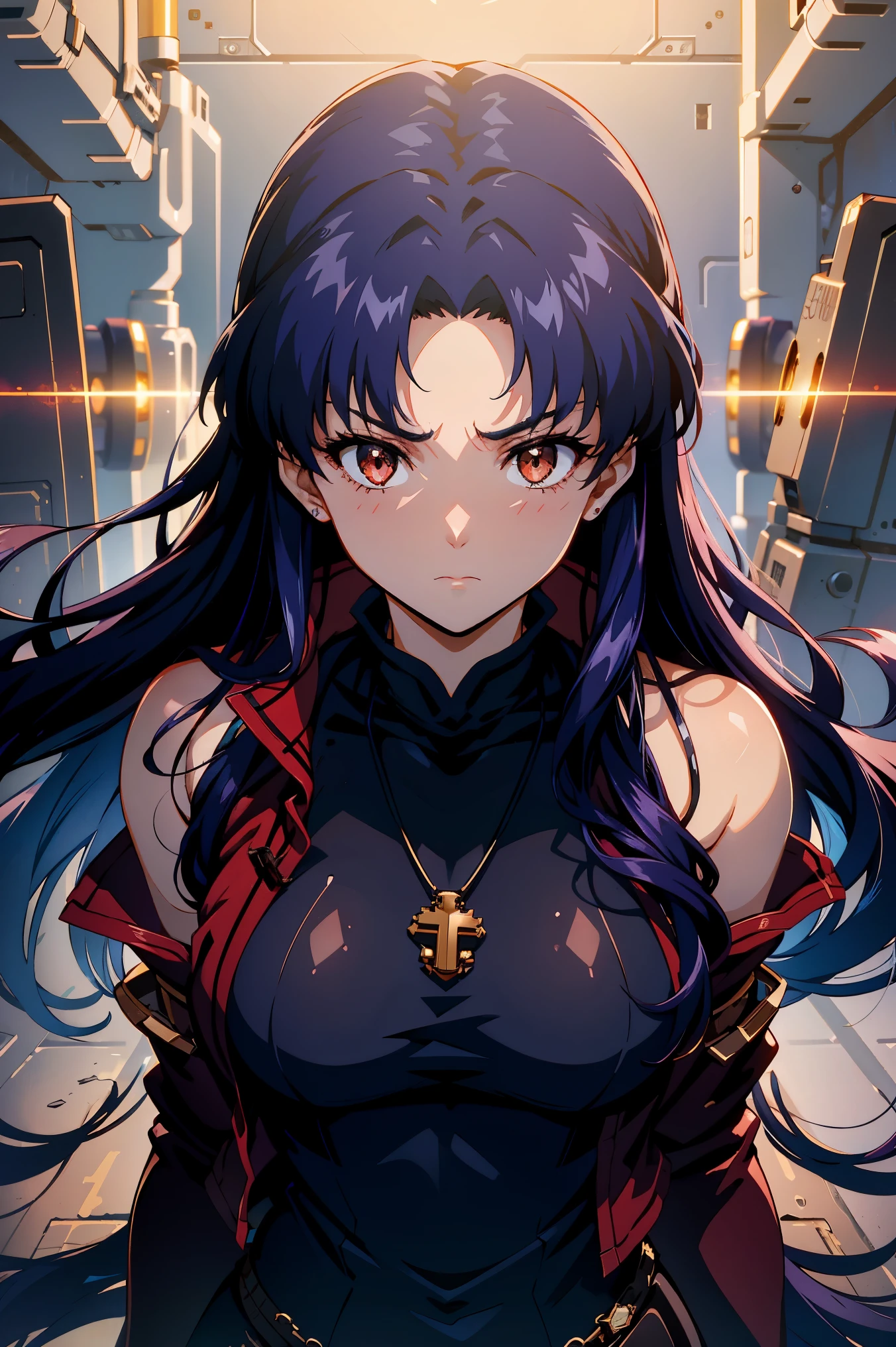 A stunning and intricate full color, Ultra-HD portrait of a 29 year old girl, long wavy indigo blue hair, brown eyes, detailed face, wearing a loose fitting red jacket, short black sleeveless dress with high collar, necklace crossover, epic character composition, alessio albi, nina masic, sharp focus, natural lighting, subsurface dispersion, f2, 35mm