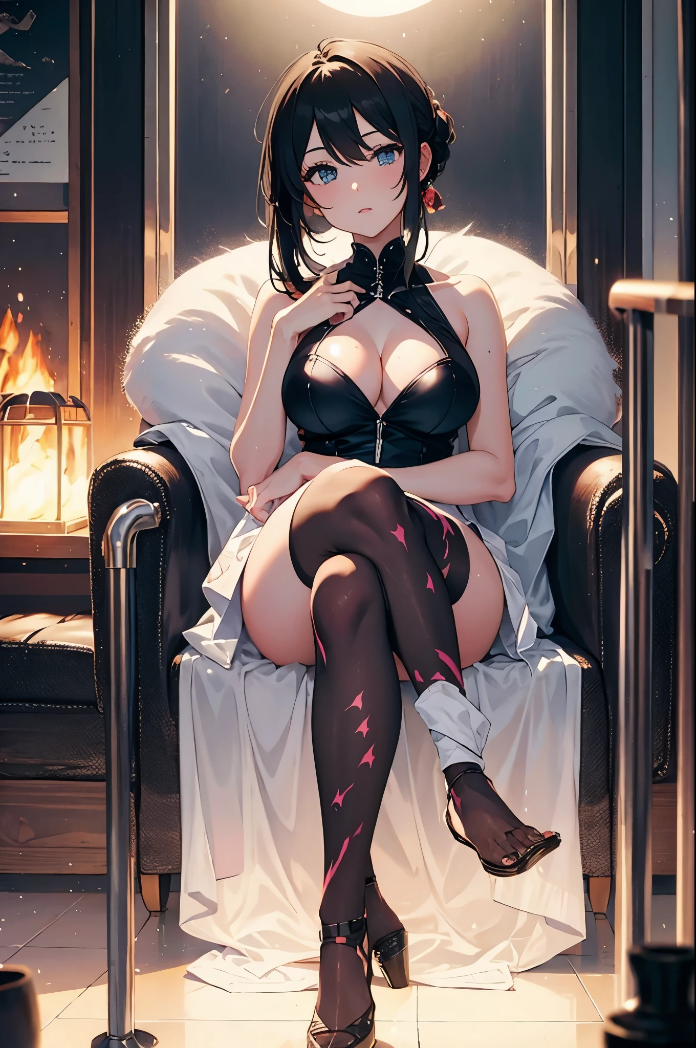 a sexy woman, fog, soft light, (best quality), (masterpiece), slim, anime, tall, (body painting:1.4), (full body view), (sitting), (crossed legs)

