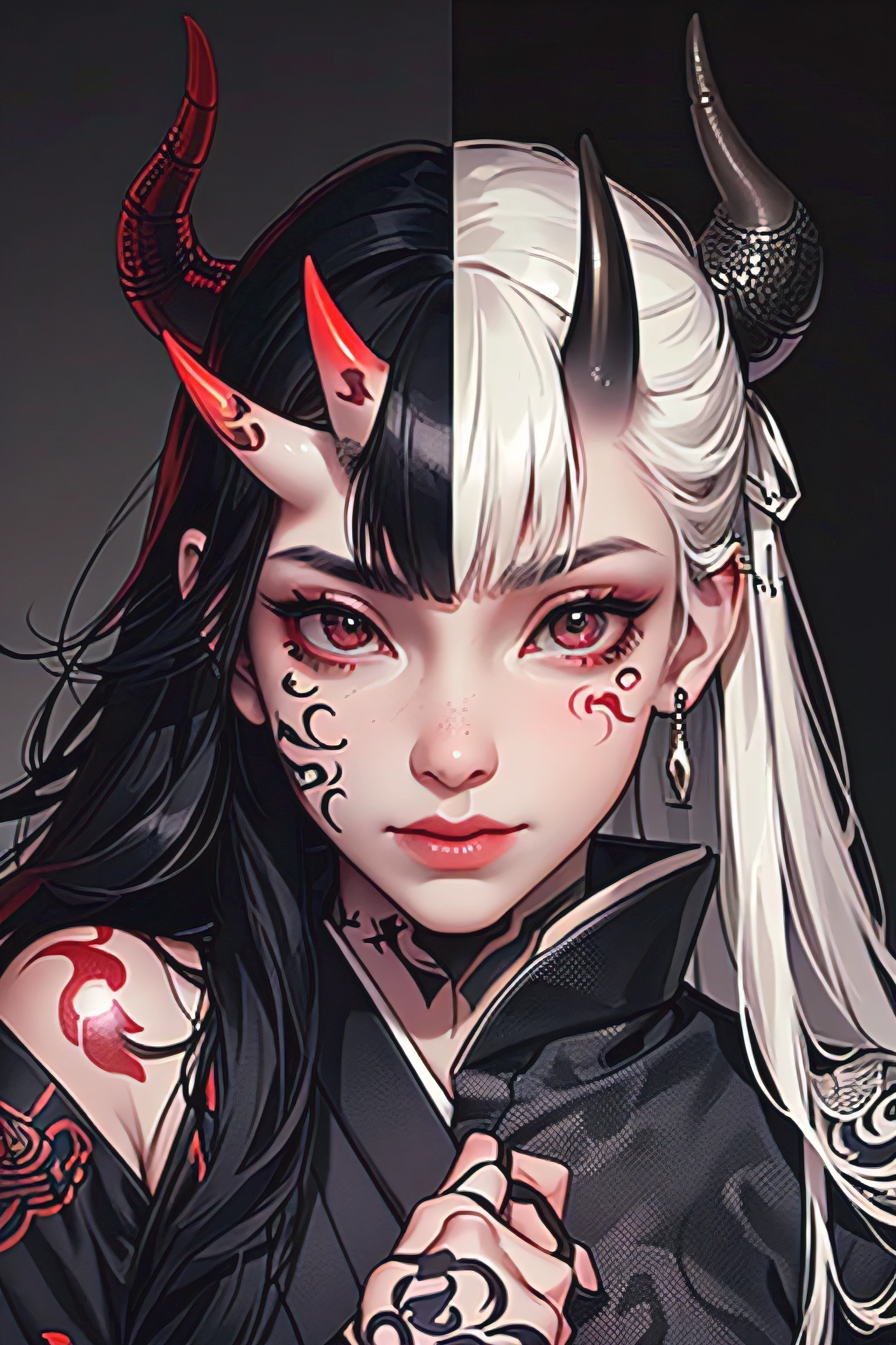 (photorealistic:1.3), masterpiece, best quality, (intricate details:1.2), (scenery:1.3), beautiful face, (black theme:1.3),
(((1girl, a girl in patterned kimono holding a dagger in her hand, (look at veiwer:1.3), (face tattoo:1.2), small oni horn,
))), full body, split in half