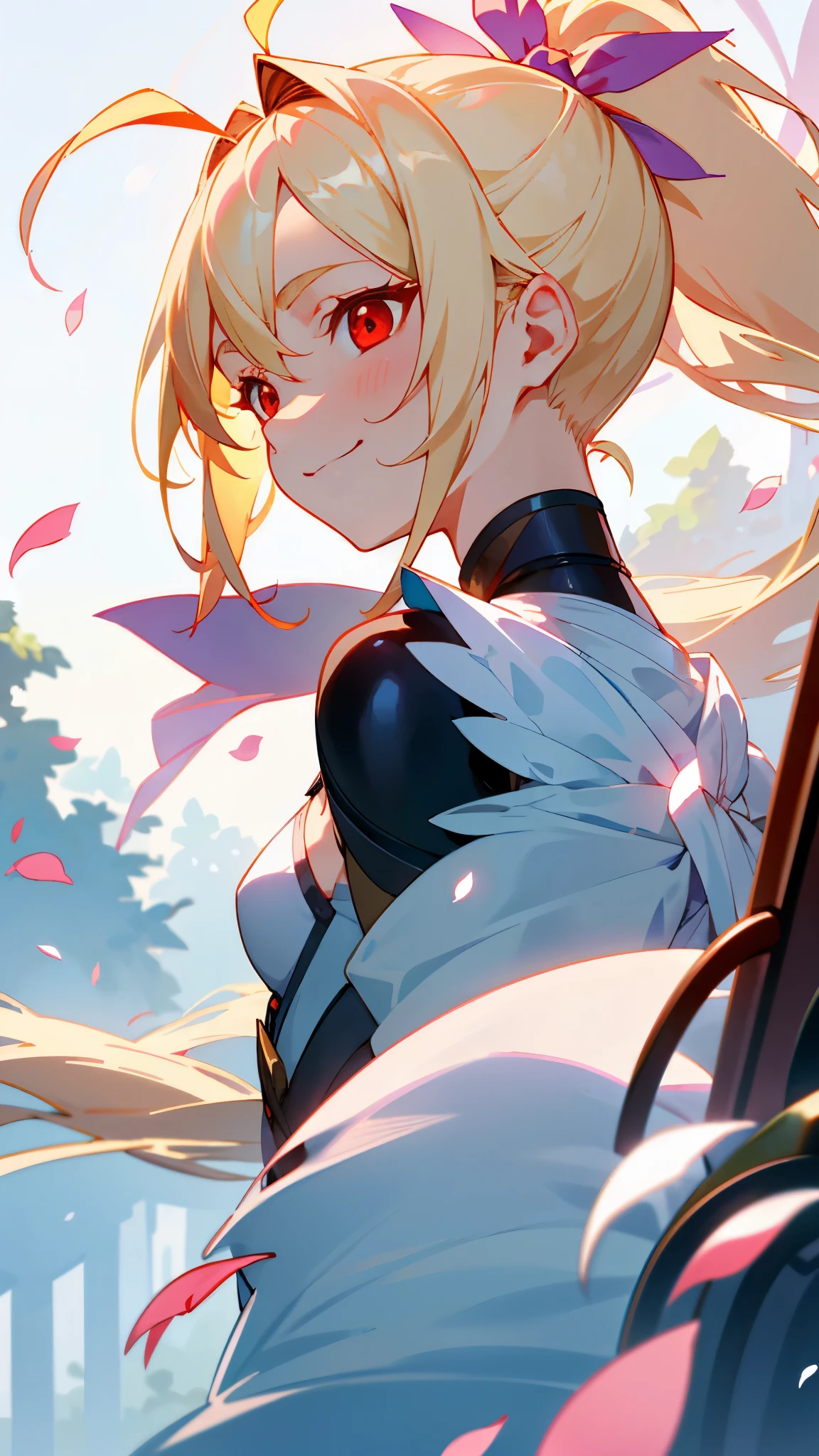 1 girl、small breasts、blonde、red eye、ponytail、Ahoge、From the side、gloves、evil smile、1 beautiful delicate portrait of a girl with a soft and peaceful expression、The scenery in the background is a garden with petals flying around.。