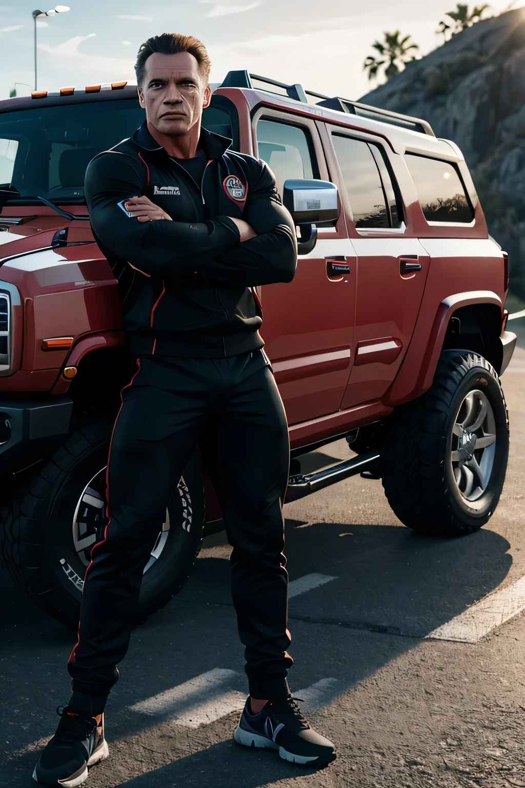 high quality, 8K Ultra HD, full body,Young Schwarzenegger on the background of the Hummer H2, dressed in the sports uniform of a bodybuilder, the pose shows the strength of his muscles