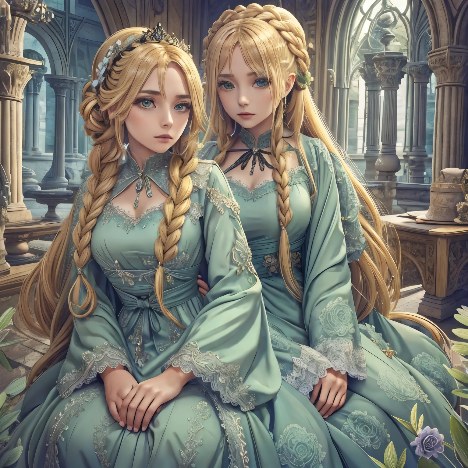 Anime, girl, blonde hair, Gothic gown, sage-themed gown, sage pattern on gown, sage in hair, sage on hair, sage-coloured princess gown, sage in a braid, long hair, braids, sage braided into hair, very detailed, master piece