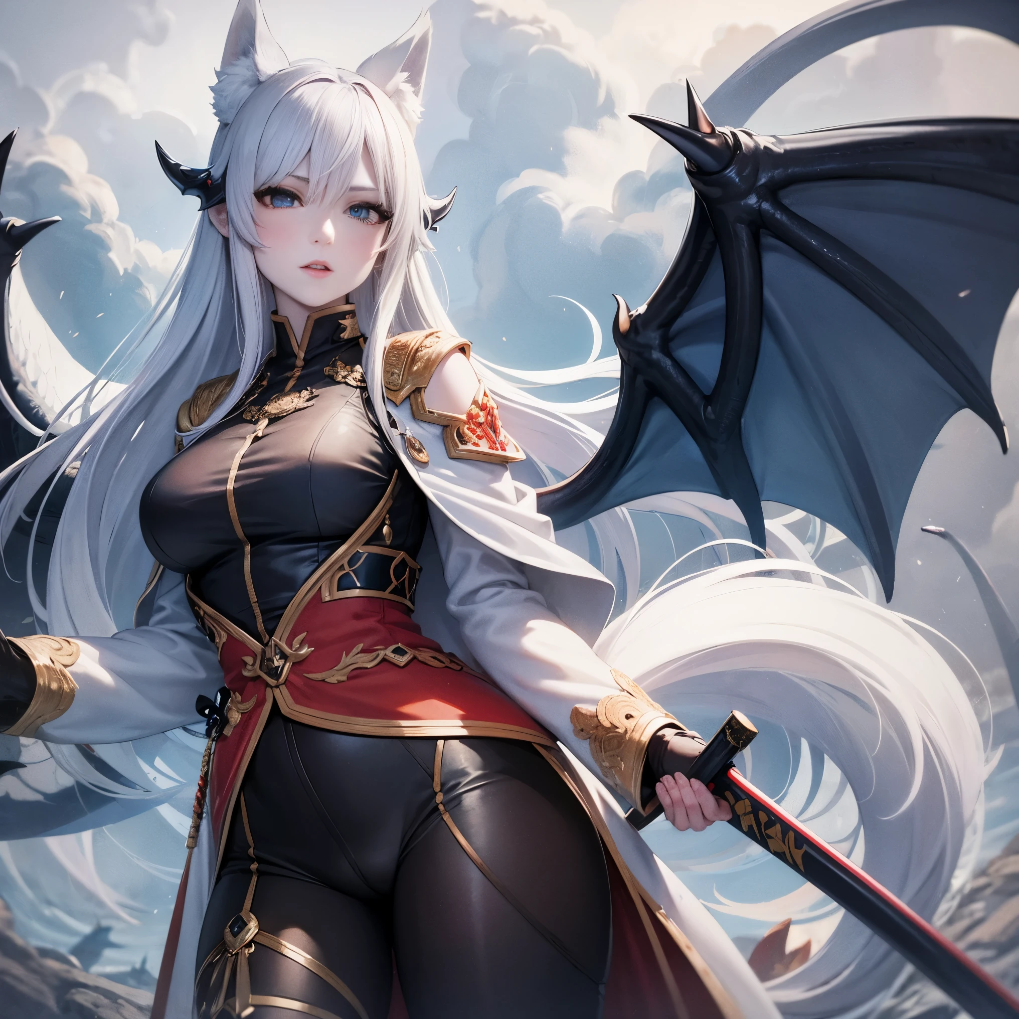 masterpiece, 8k resolution, high quality, high resolution, best quality, extremally detailed, best resolution, absurd resolution, ray tracing, high detailed, extremely detailed,detailed face, shoulder length white hair, female, 2 white fox ears, teenage girl, slime body, white scale dragon tail, military boots,black leggings, military combat pants, black T-shirt, white jacket open, medium size chest, detailed blue eyes,solo female,1 dragon tail, tomboyish, thick dragon tail, white scales, 2 dragon wings, white fluffy dragon wings, detailed face, holding a katana sword,very detailed, amazing details,solo female, 1 female, detailed two white furry dragon wings