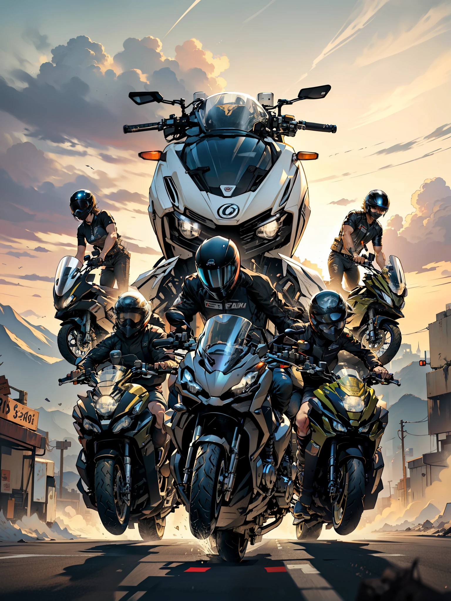 several people are riding motorcycles with a car on top, touring, front perspective, one motorbike in center of frame, badass composition, photo shot, motorcycles, header text”, motorbiker, illustrative!!, r6, motorcycle, textless, motorbike, full device, front shot, front facing, by Jan Rustem, photoshot, by Francesco Raibolini