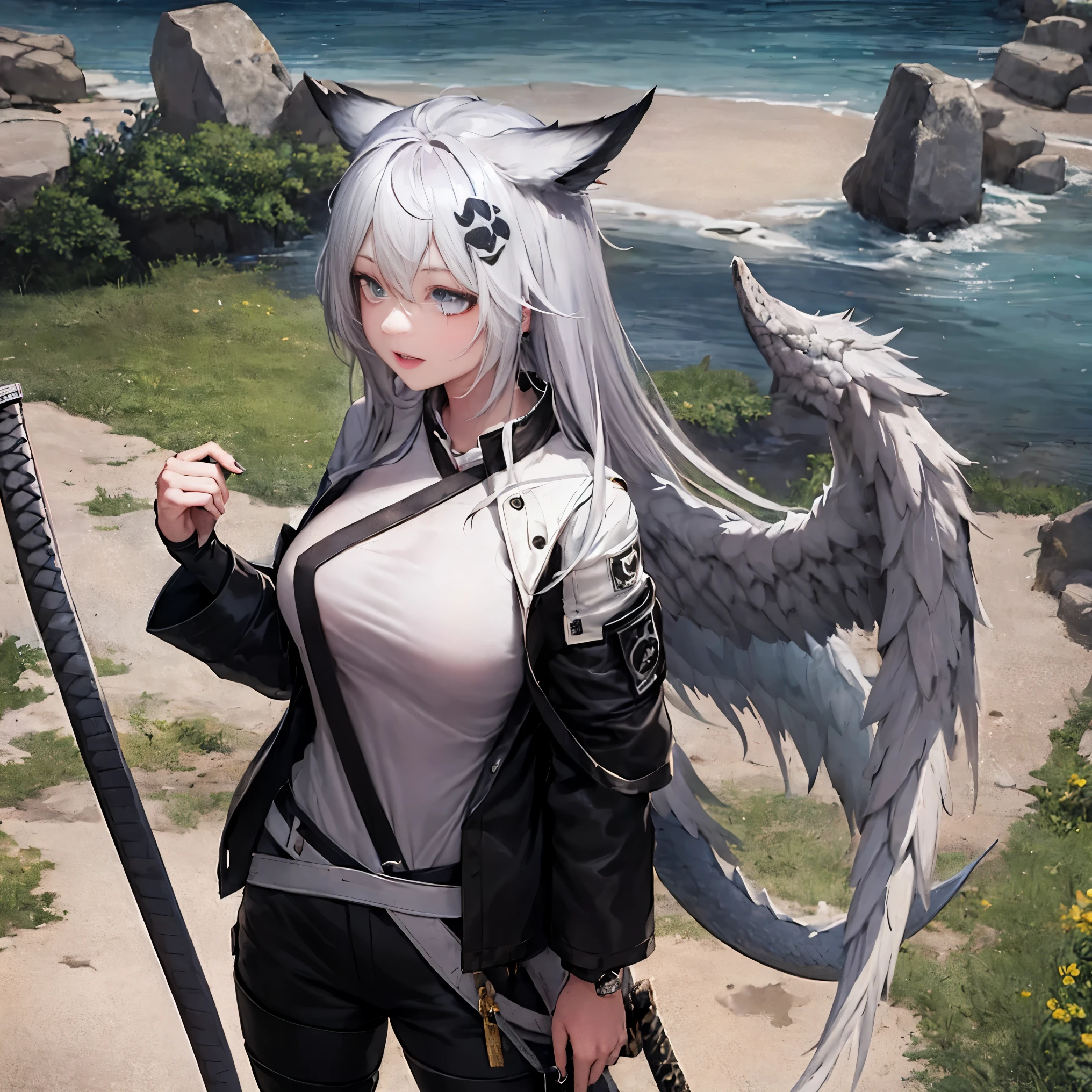 masterpiece, 8k resolution, high quality, high resolution, best quality, extremally detailed, best resolution, absurd resolution, ray tracing, high detailed, extremely detailed,detailed face, shoulder length white hair, female, 2 white fox ears, teenage girl, slime body, white scale dragon tail, military boots,black leggings, military combat pants, black T-shirt, white jacket open, medium size chest, detailed blue eyes,solo female,1 dragon tail, tomboyish, thick dragon tail, white scales, 2 dragon wings, white fluffy dragon wings, detailed face, holding a katana sword,very detailed, amazing details,solo female, 1 female, detailed two white furry dragon wings