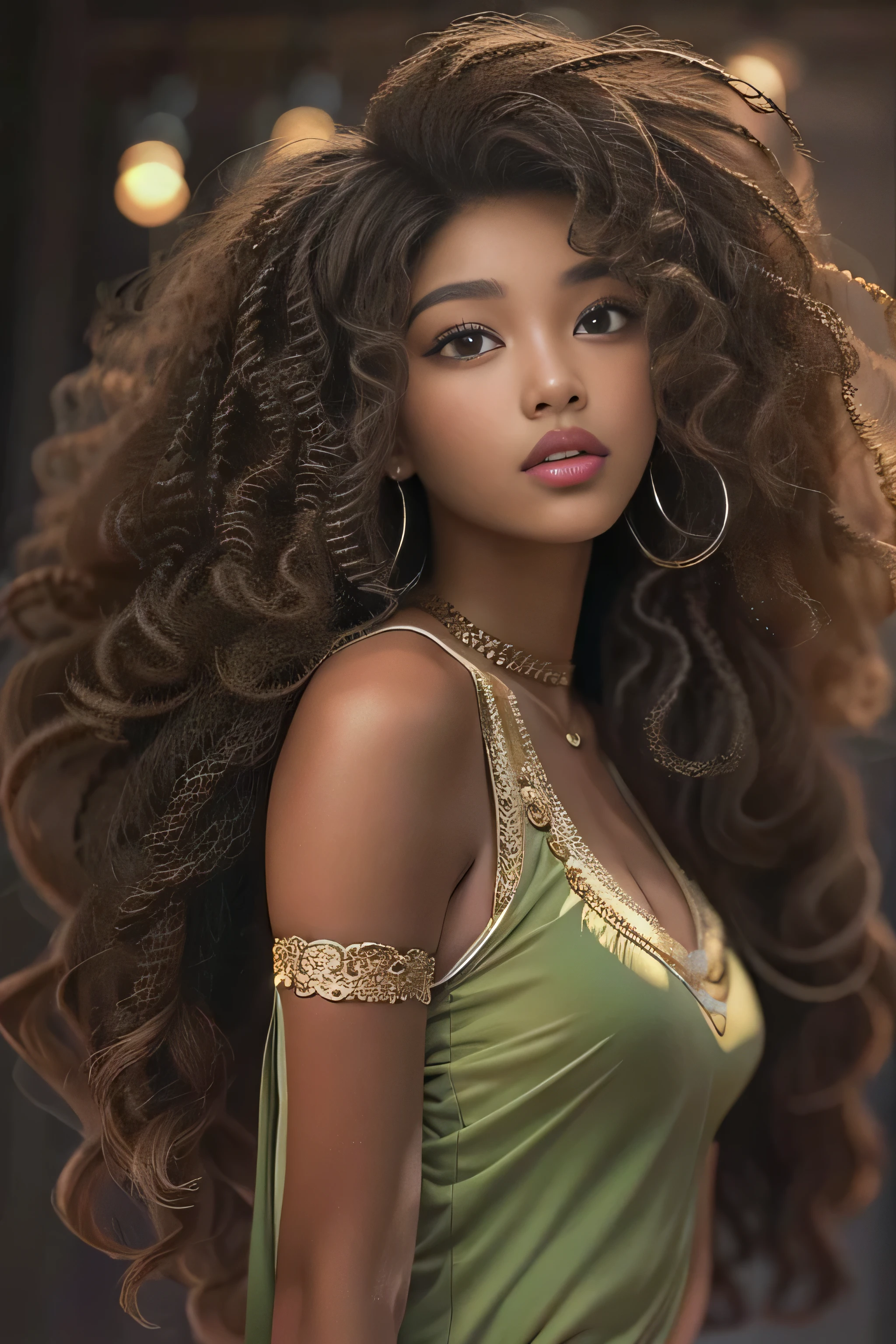 masterpiece, best quality, 1 girl, solo, beautiful African and Asian mixed 19 year old, brown skin female, long, frizzy, curly dark hair, perfect face, long hair