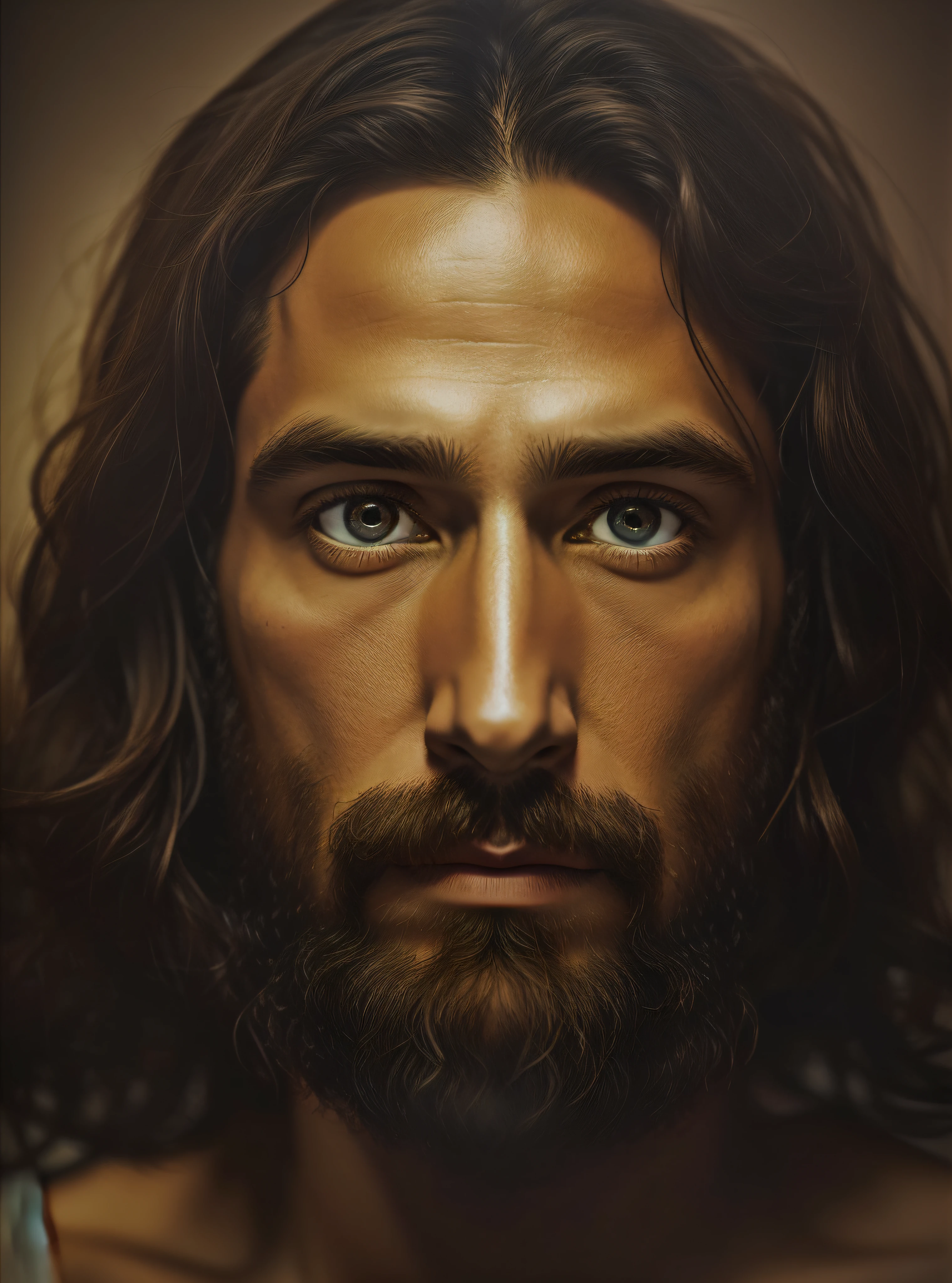 JESUS CRISTO, Colorir foto, foto em tons escuros: Ultra-realistic epic, Soft cinematic portrait, hiperdetalhado, luzes quentes, dramatic light, fundo complexo e escuro. Ultra-realistic skin with expression marks, olhos castanhos esverdeados, cabelo e barba ultrarrealista, 8K, papel de parede, fotorrealista, semblante de Jesus Cristo, foto de Jesus.