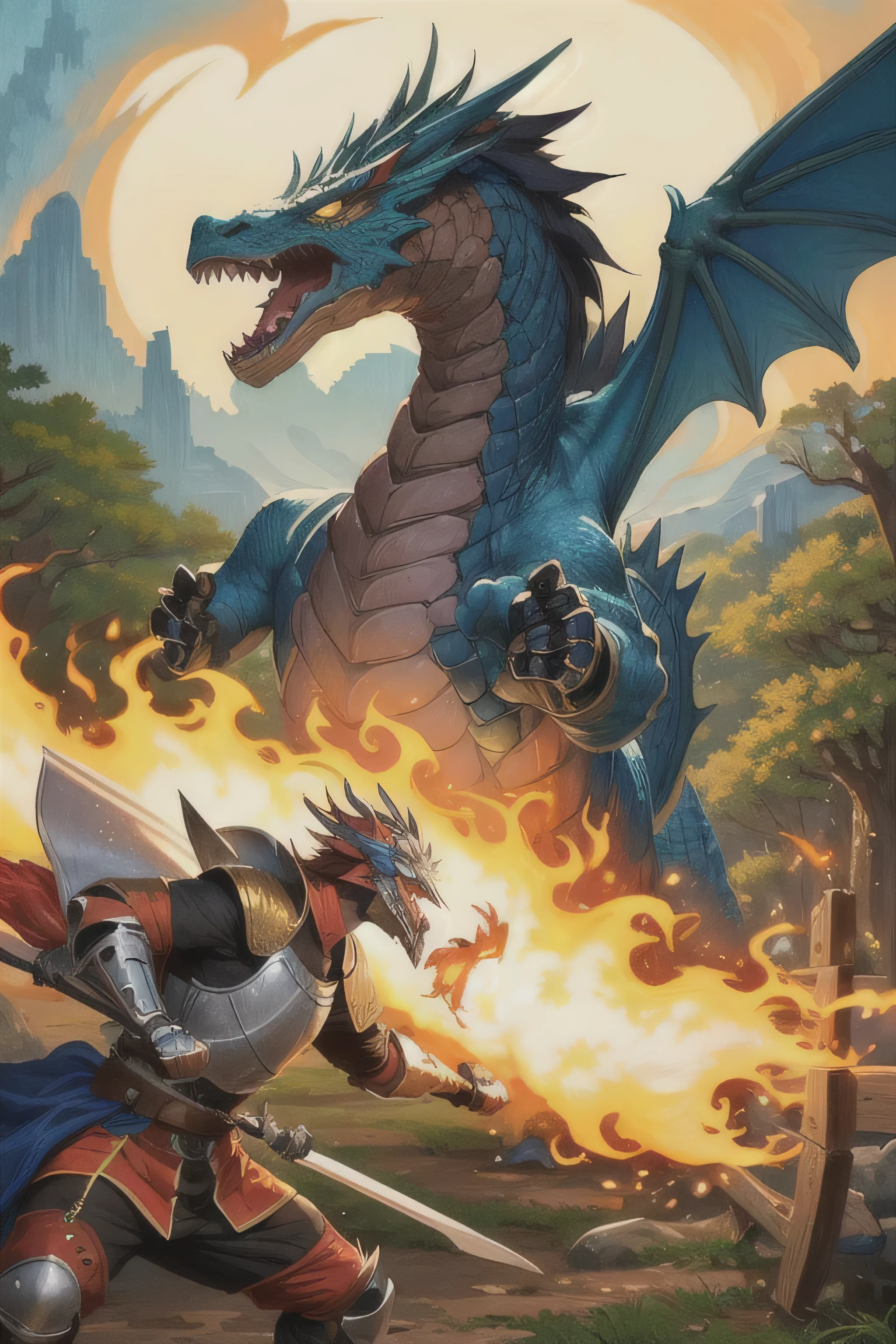 ((best quality)), ((masterpiece)), (detailed), perfect face Create an 8-bit pixel art scene depicting a medieval knight fighting a fire-breathing dragon in a pixelated forest.